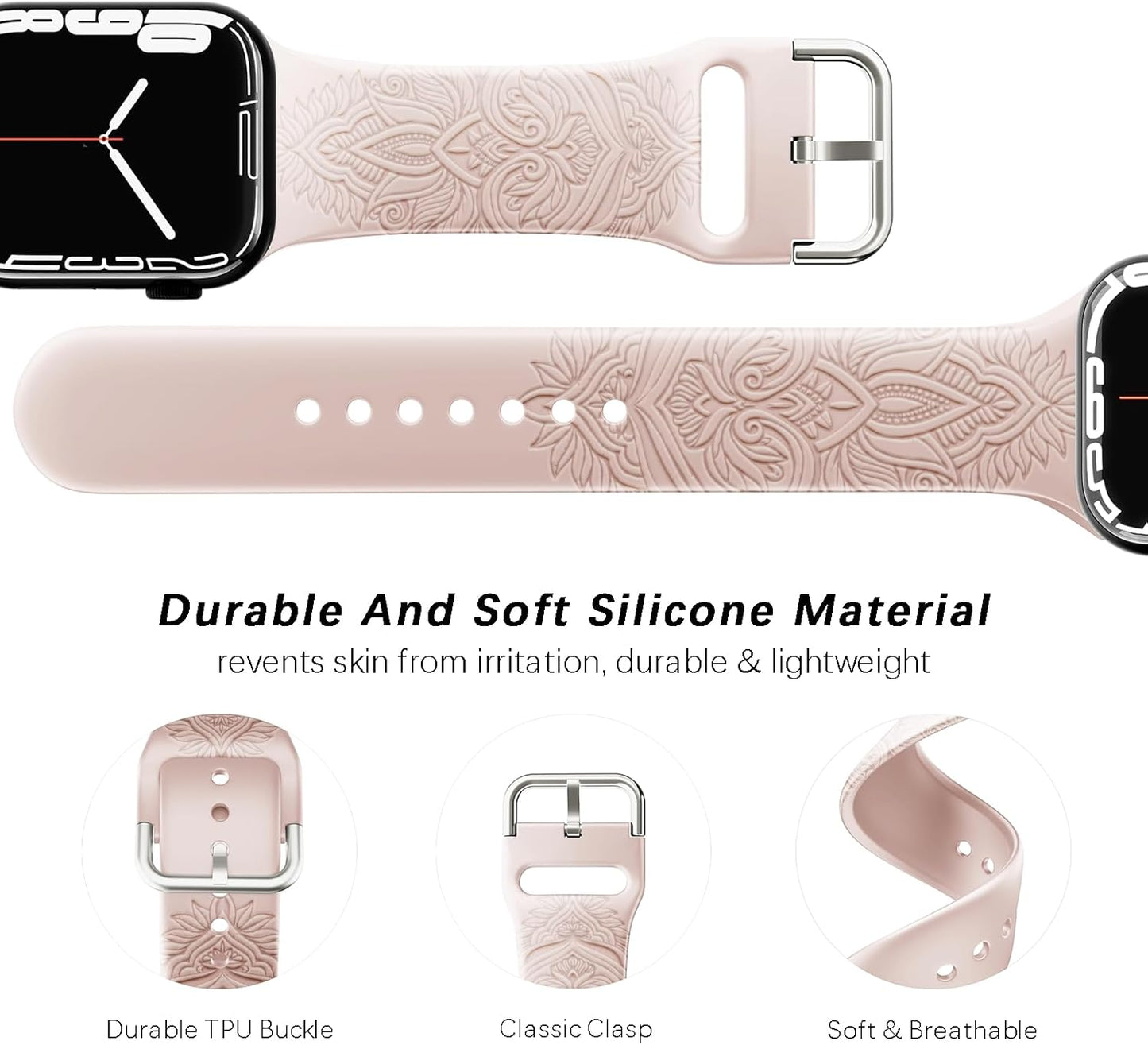 Chinese Style Engraved Bands Compatible with Apple Watch Bands 38Mm 40Mm 41Mm 42Mm 44Mm 45Mm 49Mm for Women Girl, Floral Design Soft Silicone Strap for Iwatch Ultra/Ultra 2 Series 9/8//7/6/5/4/3/2/1/SE