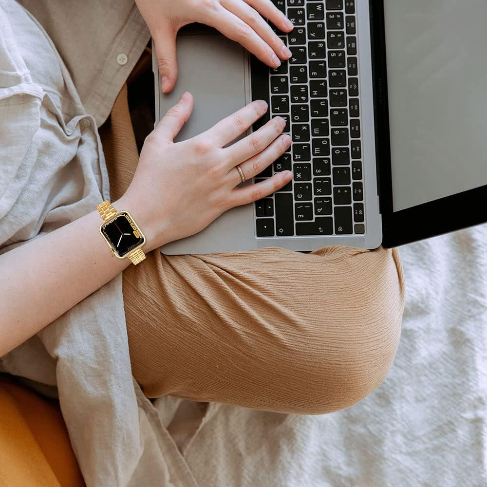 Metal Band Compatible with Apple Watch Band 38Mm 40Mm 41Mm 42Mm 44Mm 45Mm for Women, Slim and Thin Stainless Steel Replacement Adjustable Wristband for Iwatch Series 9/8/7/6/5/4/3/2/1/SE