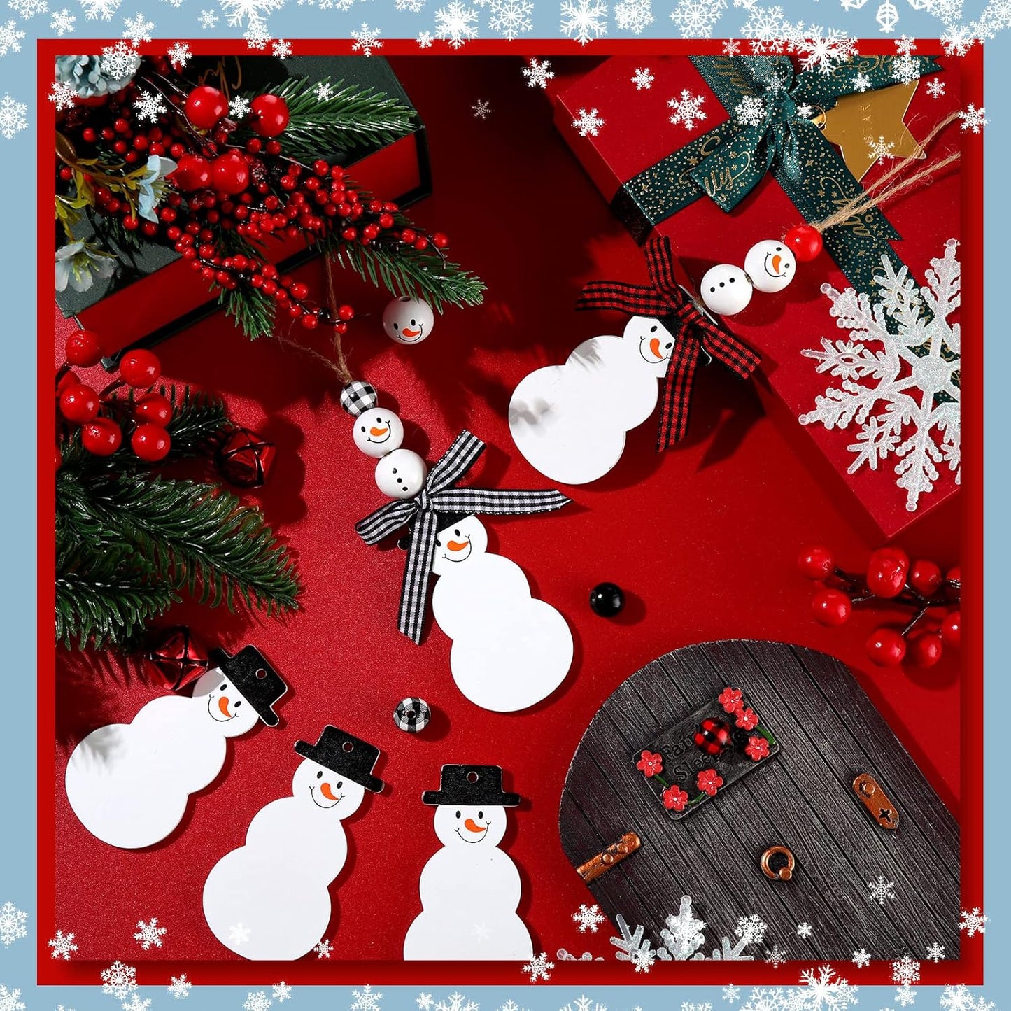 12 Pcs Christmas Stocking Name Tags Unfinished Wooden Stocking Tags Xmas Stocking Hanging Tags with Wood Beads Buffalo Plaid Bows for Christmas Home Farmhouse Decor (Snowman Style)