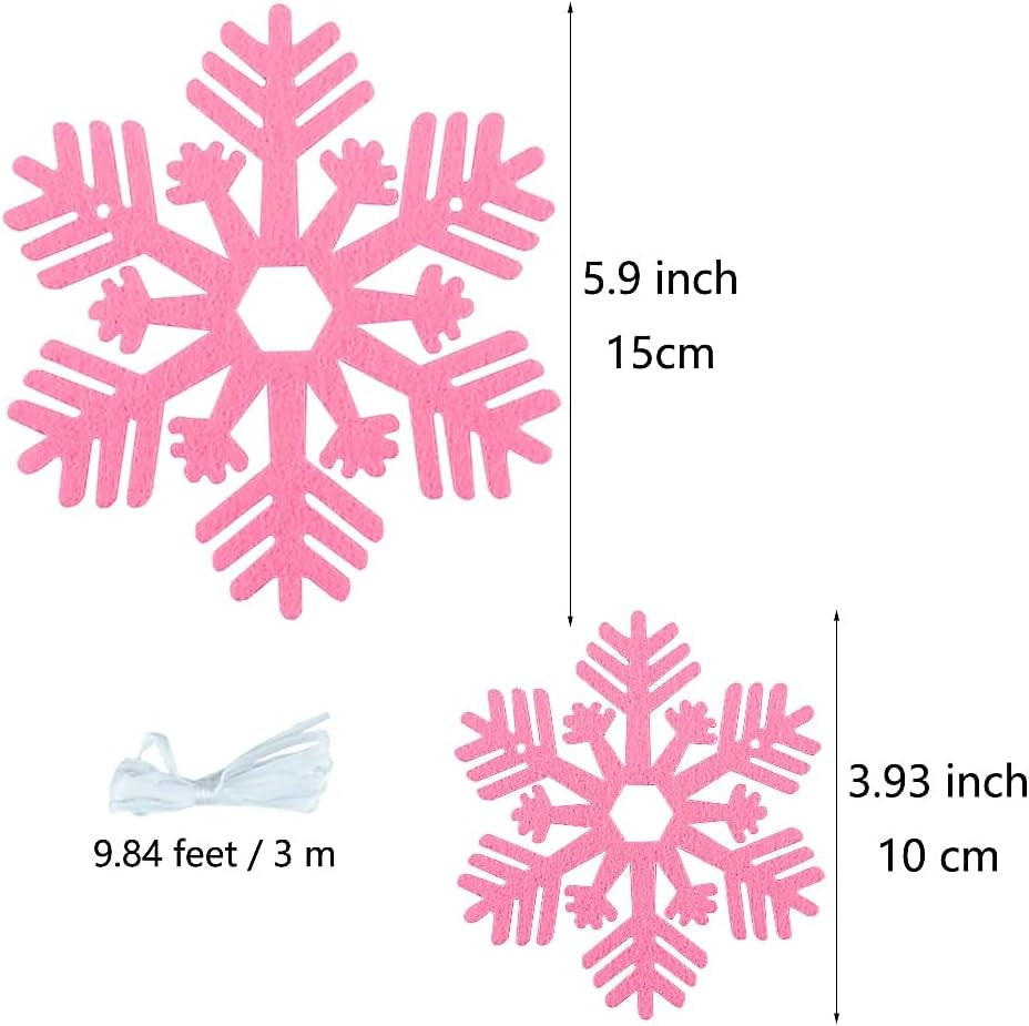 2 Pack Pink Snowflake Garland Felt Snowflake Banner Cute Pink Christmas Snowflake Decoration for Snow Winter Party Decorations