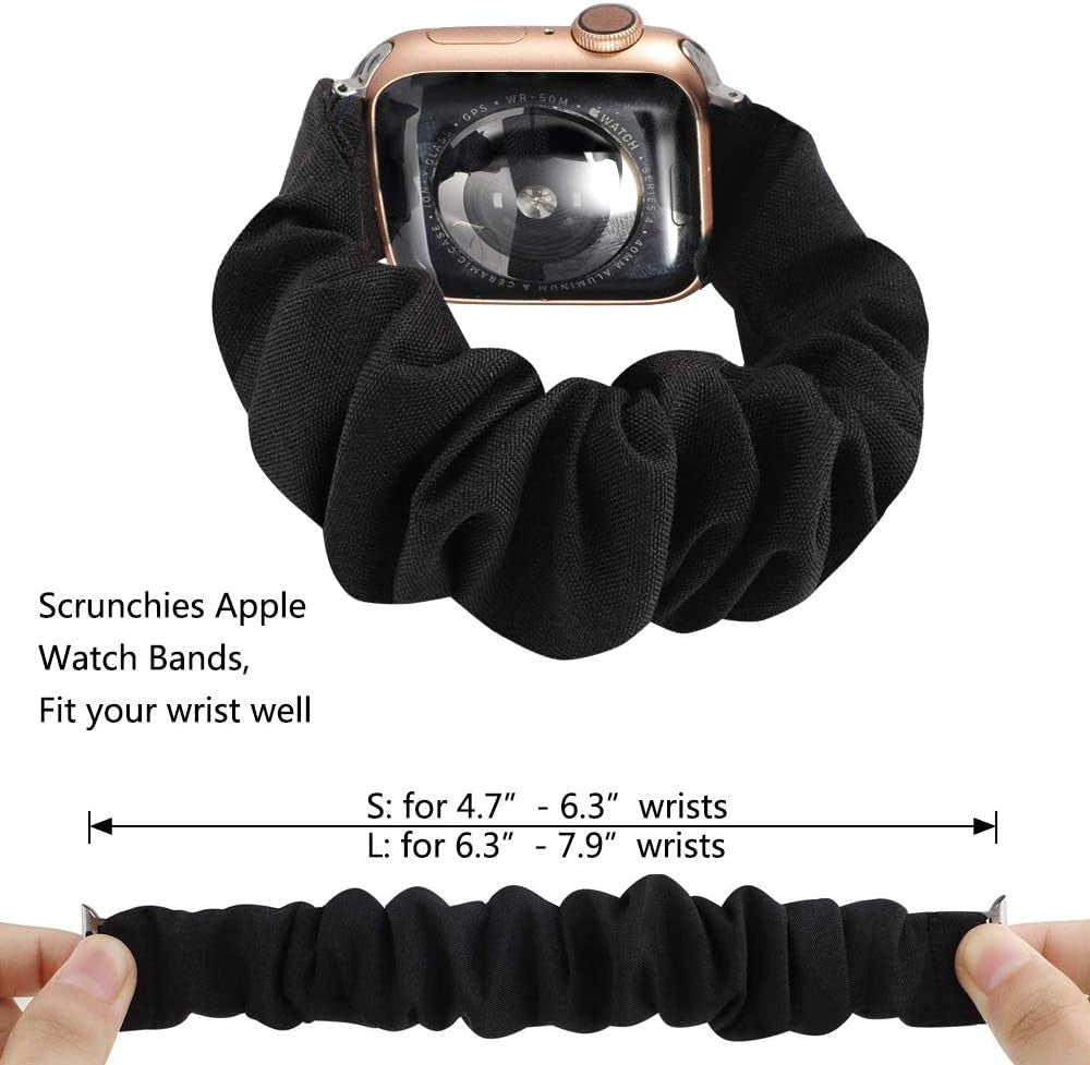 Compatible with Apple Watch Band 38Mm 40Mm 41Mm Soft Floral Fabric Elastic Scrunchies Iwatch Bands for Apple Watch Series 7,6,SE,5,4,3,2,1 Black Small