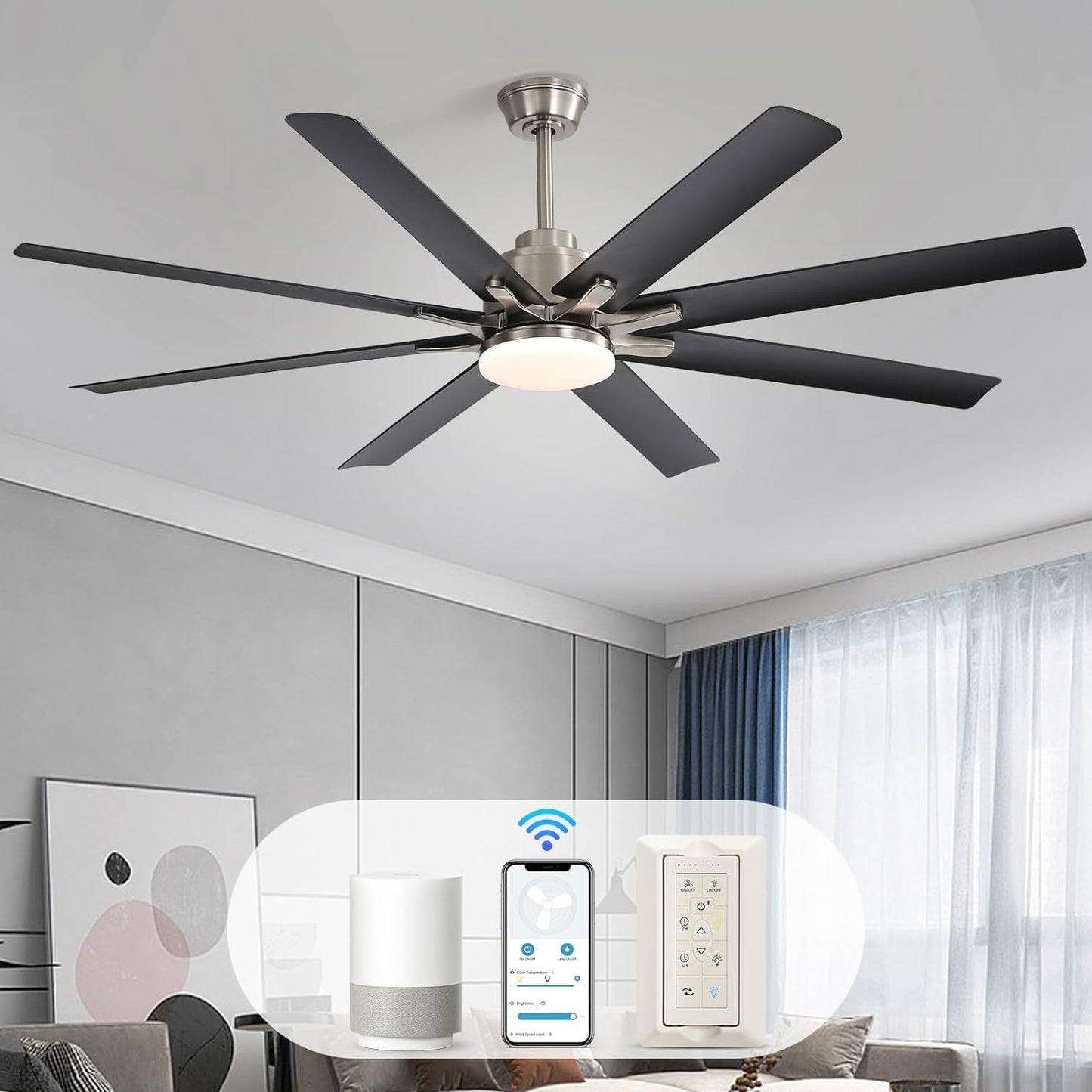 66 Inch Black Ceiling Fans with Lights and Remote, Indoor Outdoor Mordern Smart Ceiling Fan with Reversible Quiet DC Motor, 6 Speed, 8 Blades for Living Room Bedroom Patios Balcony