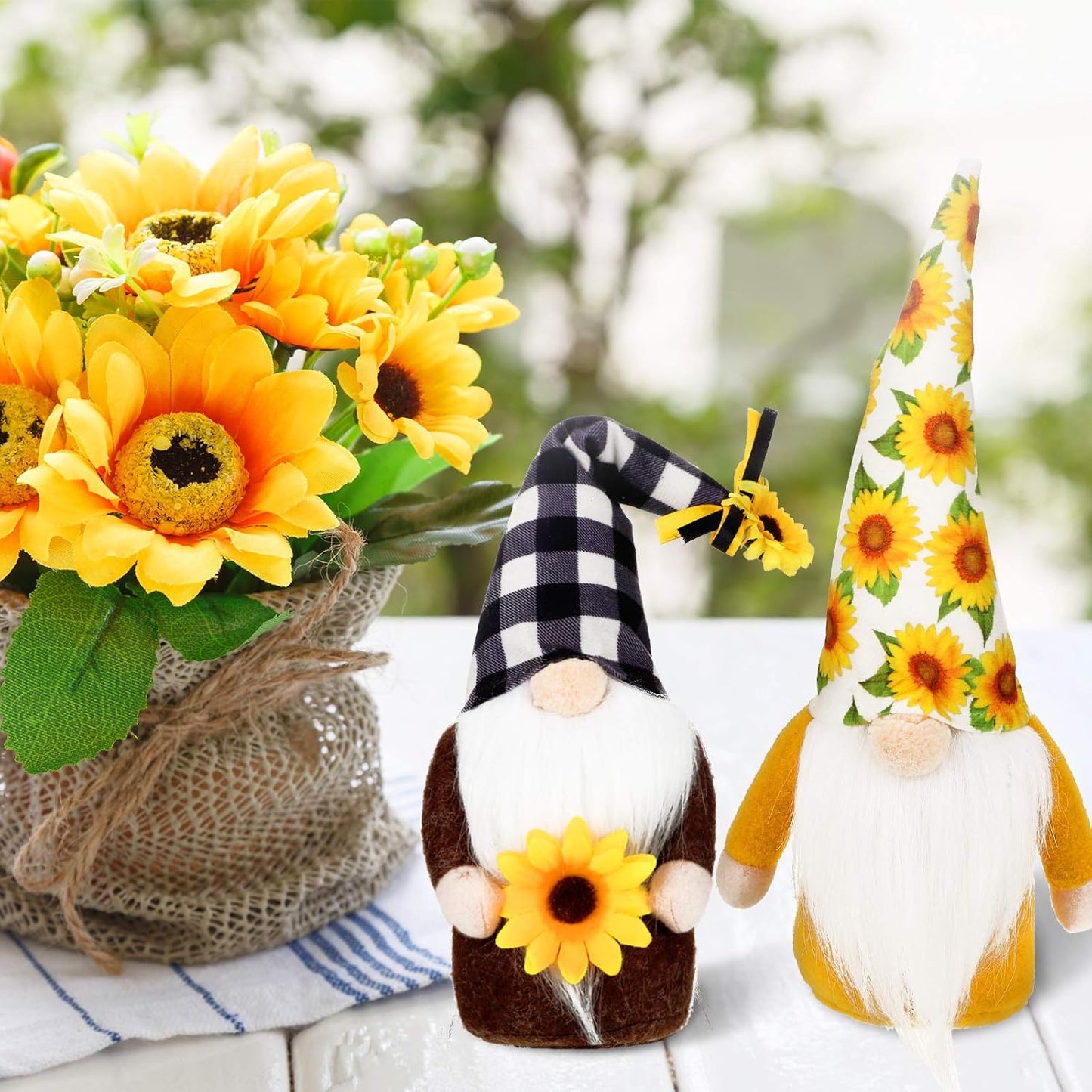 3 Pieces Fall Sunflower Swedish Gnomes Decor Sunflower Buffalo Plaid Rustic Tiered Tray Decorations Plush Tiered Tray Gnomes Ornaments for Home Garden Kitchen Decor