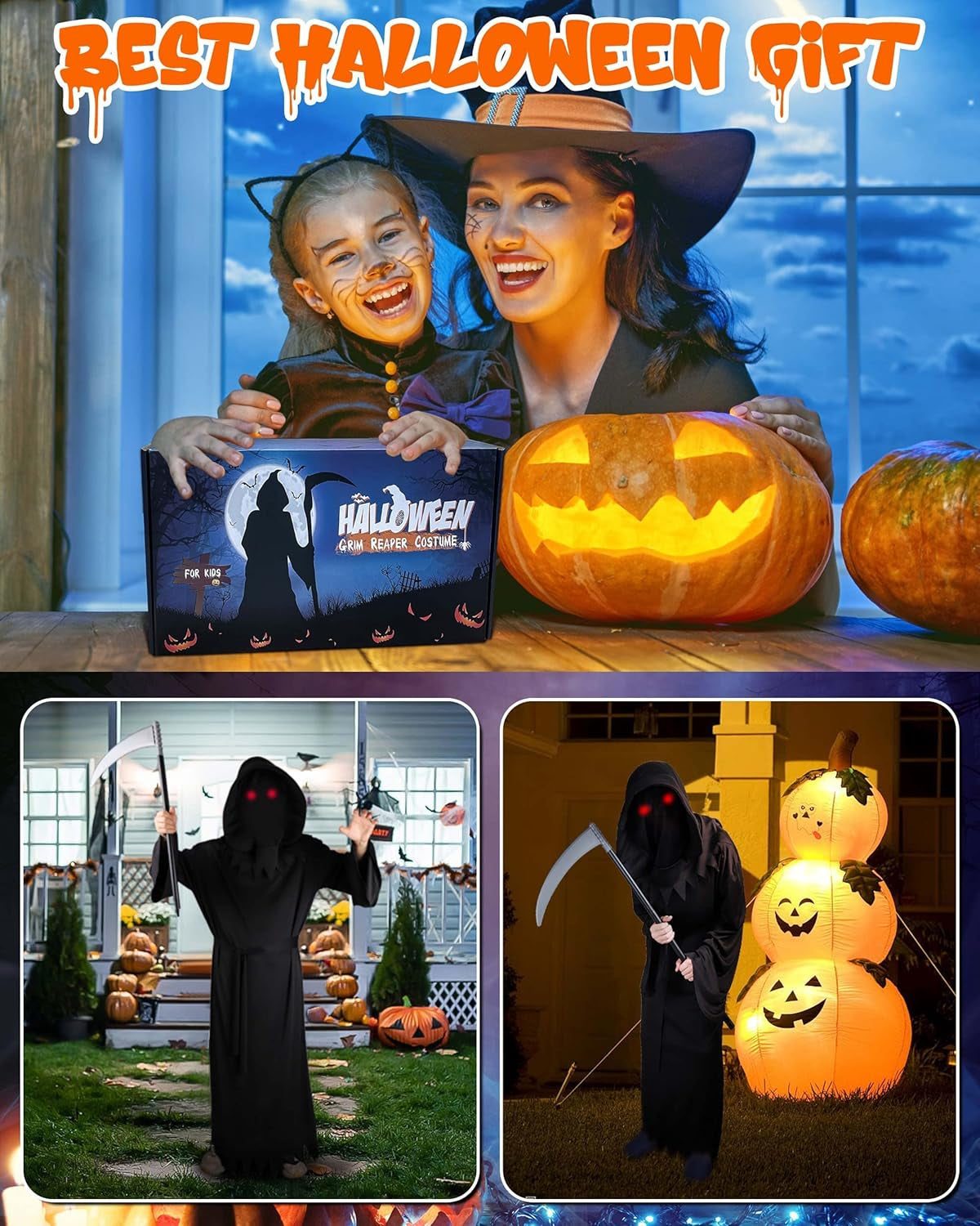 4-Size Grim-Reaper Costume Kids Adult with Glowing Red Eyes & Scythe Cosplay, Death Scary Halloween Costumes for Kids Adults
