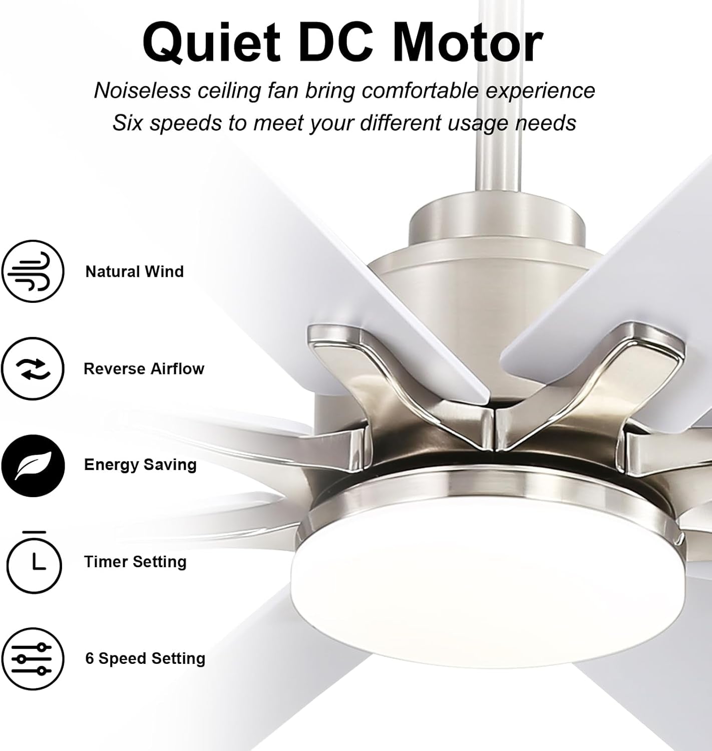 66 Inch Ceiling Fans with Lights and Remote, Indoor Outdoor Mordern Smart Ceiling Fan with Reversible Quiet DC Motor, 6 Speed, 8 Blades for Living Room Bedroom Patios Balcony (White+Sliver)
