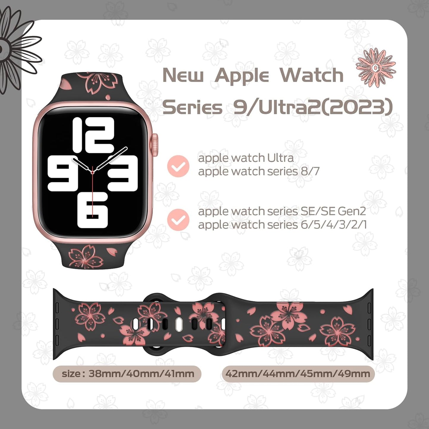 Designer Floral Engraved Band Compatible with Apple Watch Bands 40Mm 38Mm 41Mm 44/45/42Mm,Two-Tone Flower Soft Silicone Sport Strap for Iwatch Series 9 Ultra SE 8 7 6 5 4 3 2 Women Black