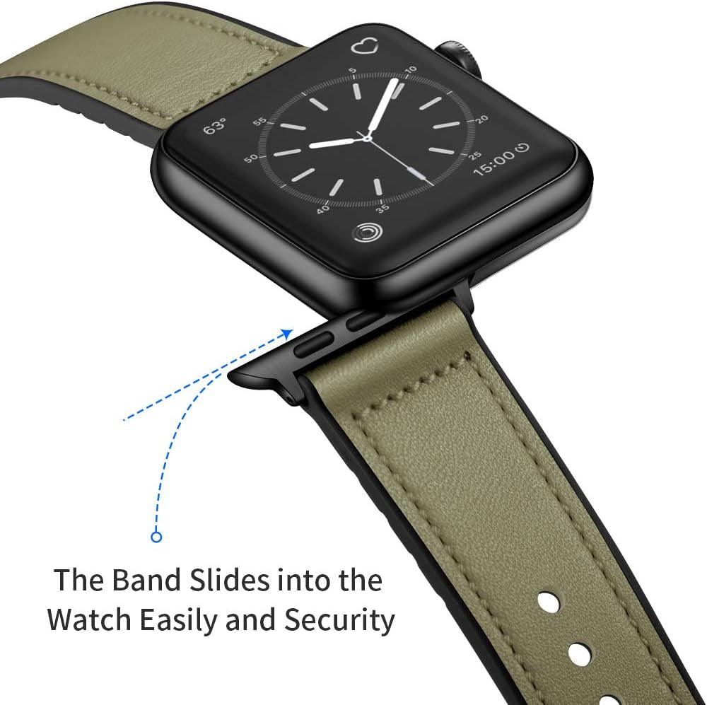 Compatible with Apple Watch Band 41Mm 40Mm 38Mm, Sweatproof Genuine Leather and Rubber Hybrid Band Strap for Iwatch Series 9 8 7 6 5 4 3 2 1 SE2 SE, Army Green Band with Black Adapter