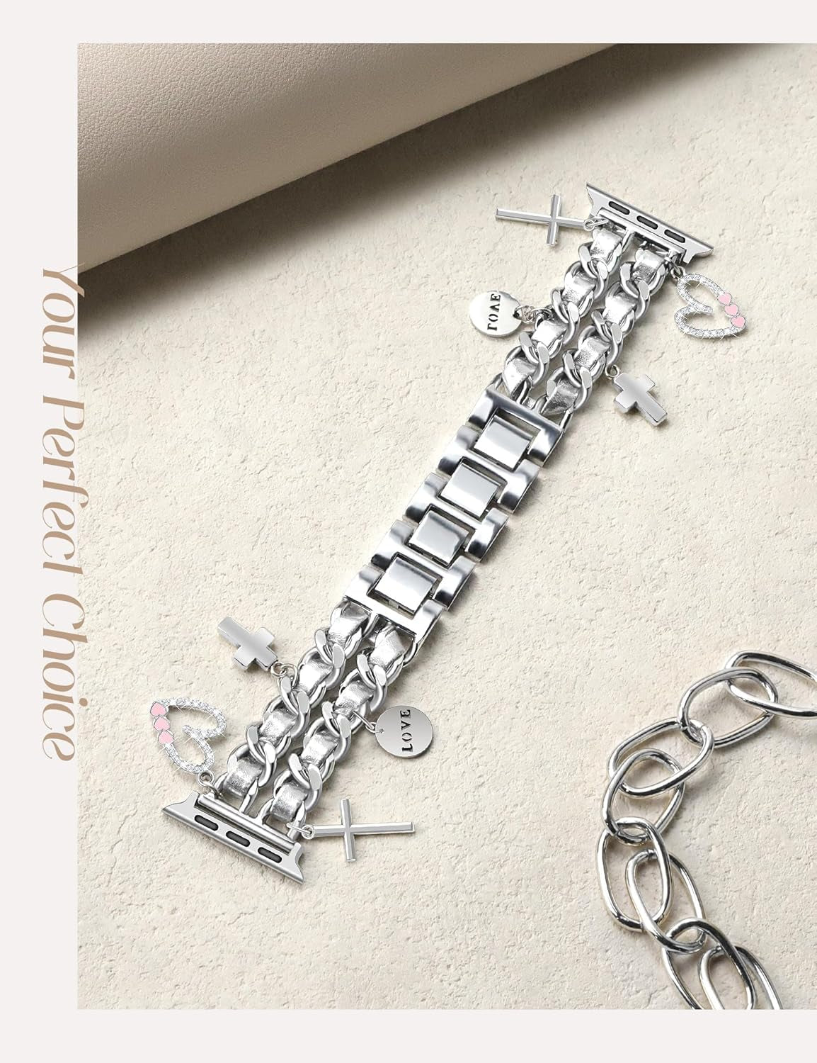 Sliver Charm Band Silver Bling Case Bundle Compatible with Apple Watch 38Mm 40Mm 41Mm 42Mm 44Mm 45Mm 46Mm 49Mm Women for Iwatch Series 10/9/8/7/6/5/4/3/2/1/Se/Ultra