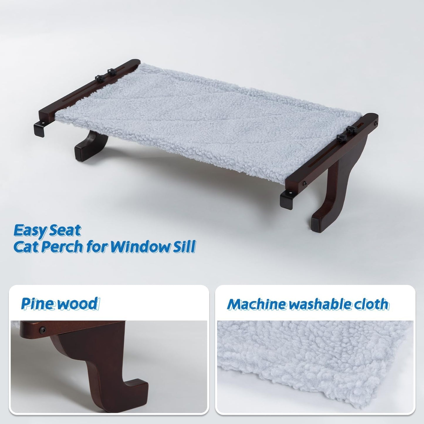 Easy Seat Cat Perch for Window Sill - Hammock Design W/Premium Wood & Robust Metal Frame - Cat Window Seat for Large Cats and Kittens (Dark Stained Wood W/Gray Bed, Medium (23''W X 14''D))