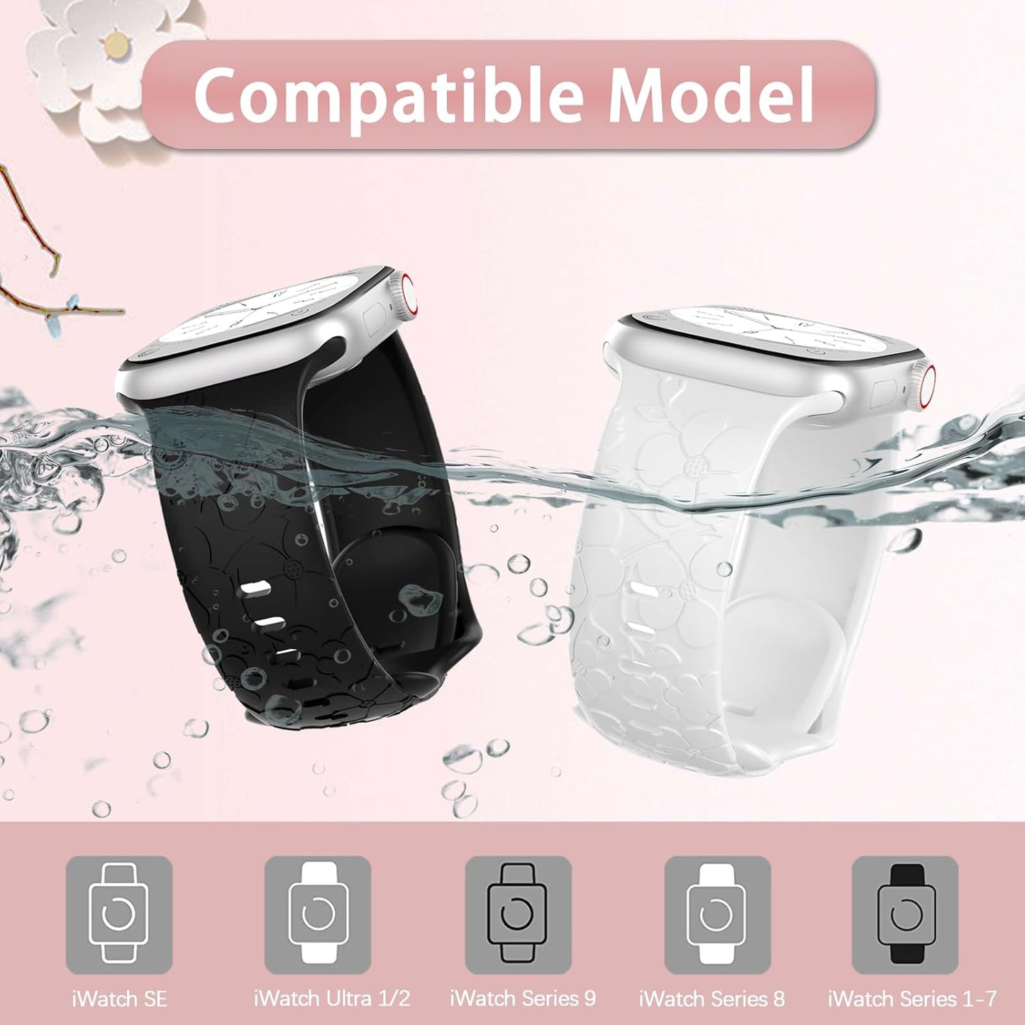Flower Engraved Band Compatible with Apple Watch Band 38Mm 40Mm 41Mm 42Mm 44Mm 45Mm 49Mm Women, Silicone Cute Wildflowers Floral Strap for Iwatch Ultra 2/Ultra/Se/Series 9/8/7/6/5/4/3/2/1