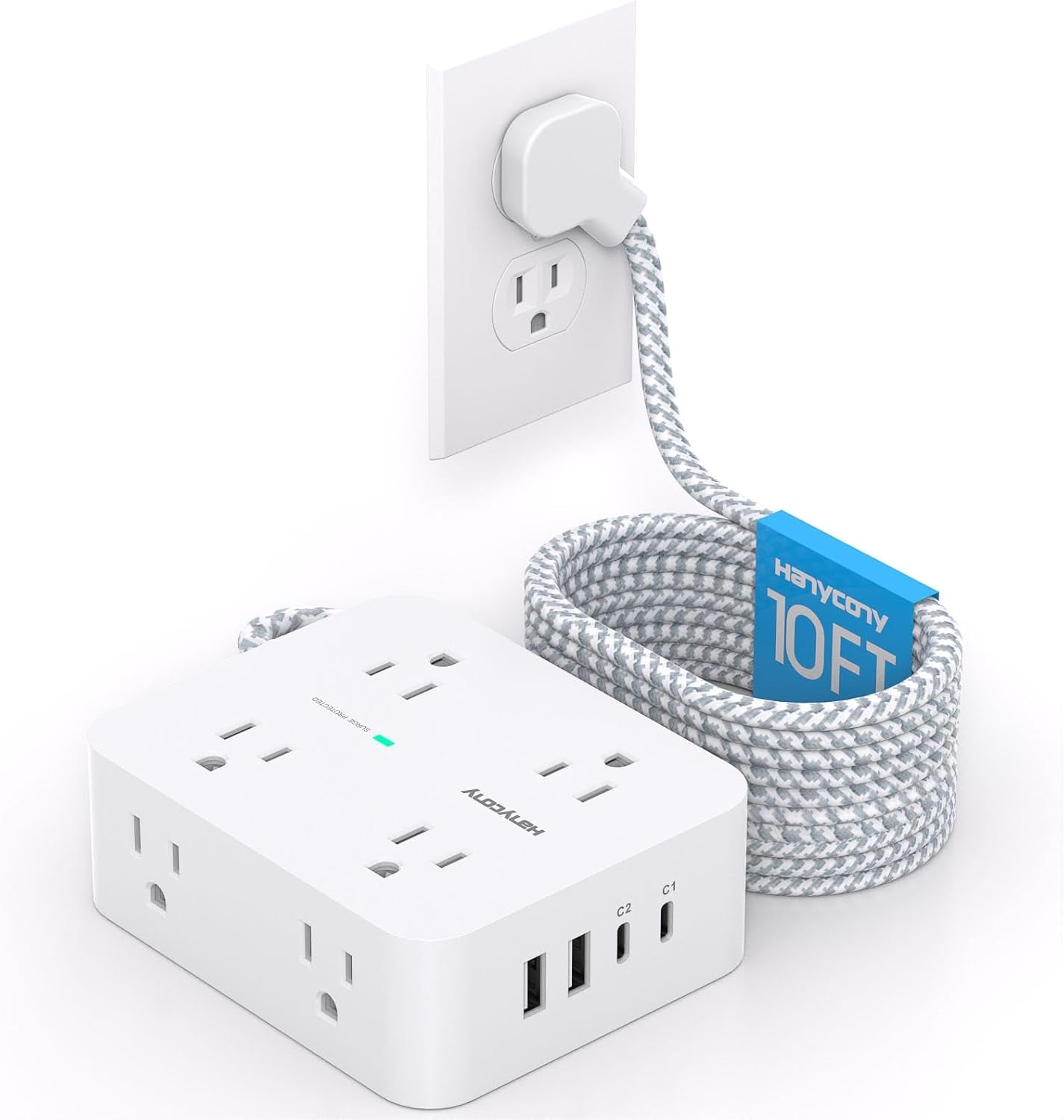 Surge Protector Power Strip - 8 Outlets with 4 USB (2 USB C) Charging Ports, Multi Plug Outlet Extender, 5Ft Braided Extension Cord, Flat Plug Wall Mount Desk USB Charging Station for Home Office ETL