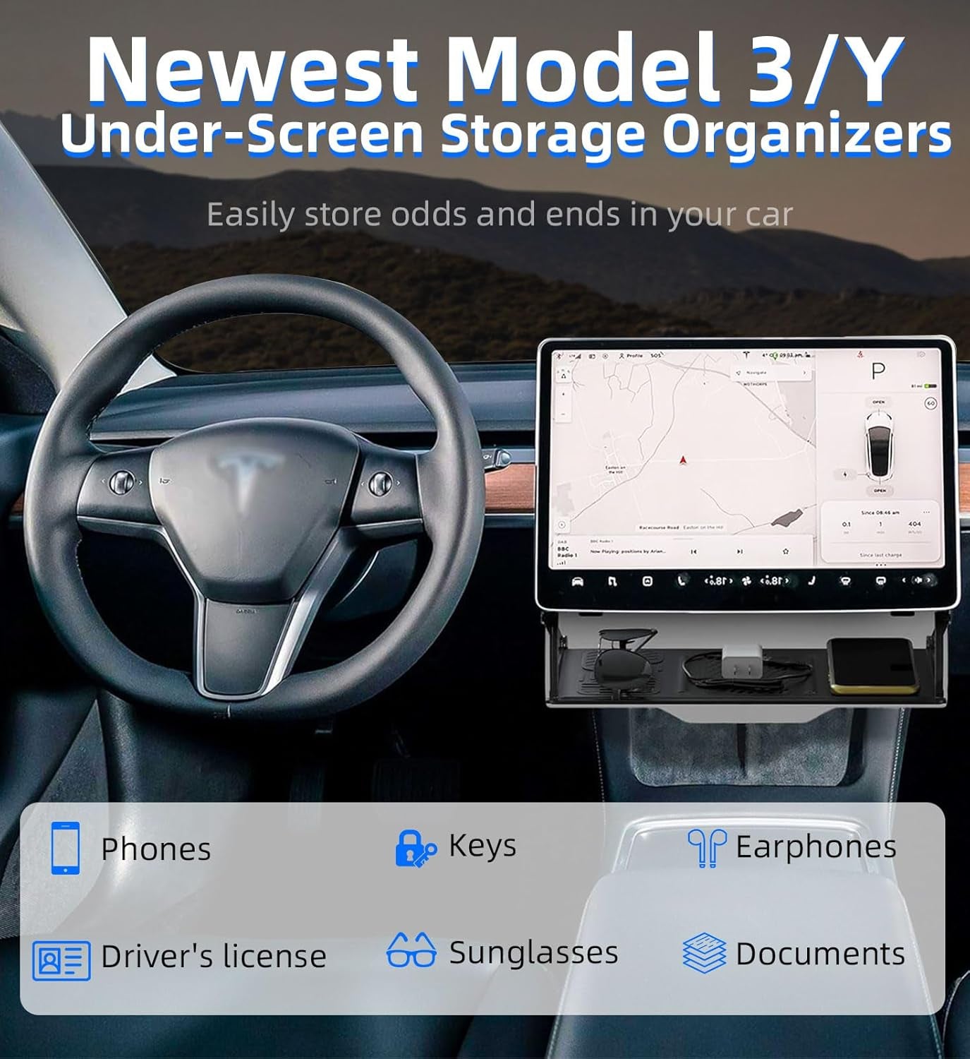 under Screen Storage for Tesla Model 3 Model Y 2016-2024, Open and Close Hidable Center Console Organizer Tray with Anti-Slip Silicone Pad for Tesla Model 3 Model Y Interior Accessories, Black