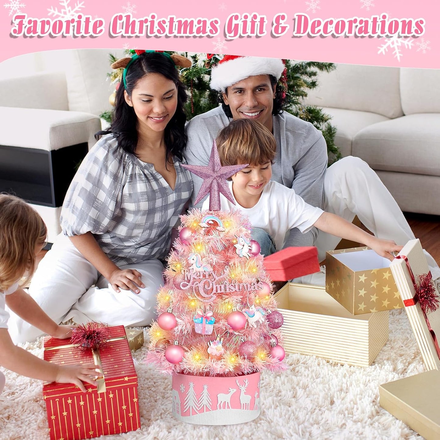 Tabletop Christmas Tree 24-Inch Mini Christmas Tree with LED String Lights, Star Treetop, Hanging Ornaments, Tabletop Small Xmas Tree for Holiday Indoor DIY Christmas Decor Pink