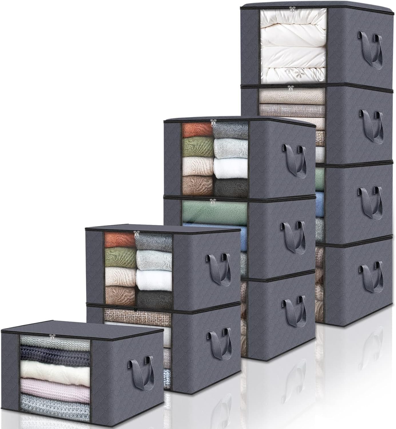 6 Pack Clothes Storage, Foldable Thick Fabric Blanket Storage Bags, Storage Containers for Organizing Bedroom, Closet, Clothing, Comforter, Organization and Storage with Handle,Grey
