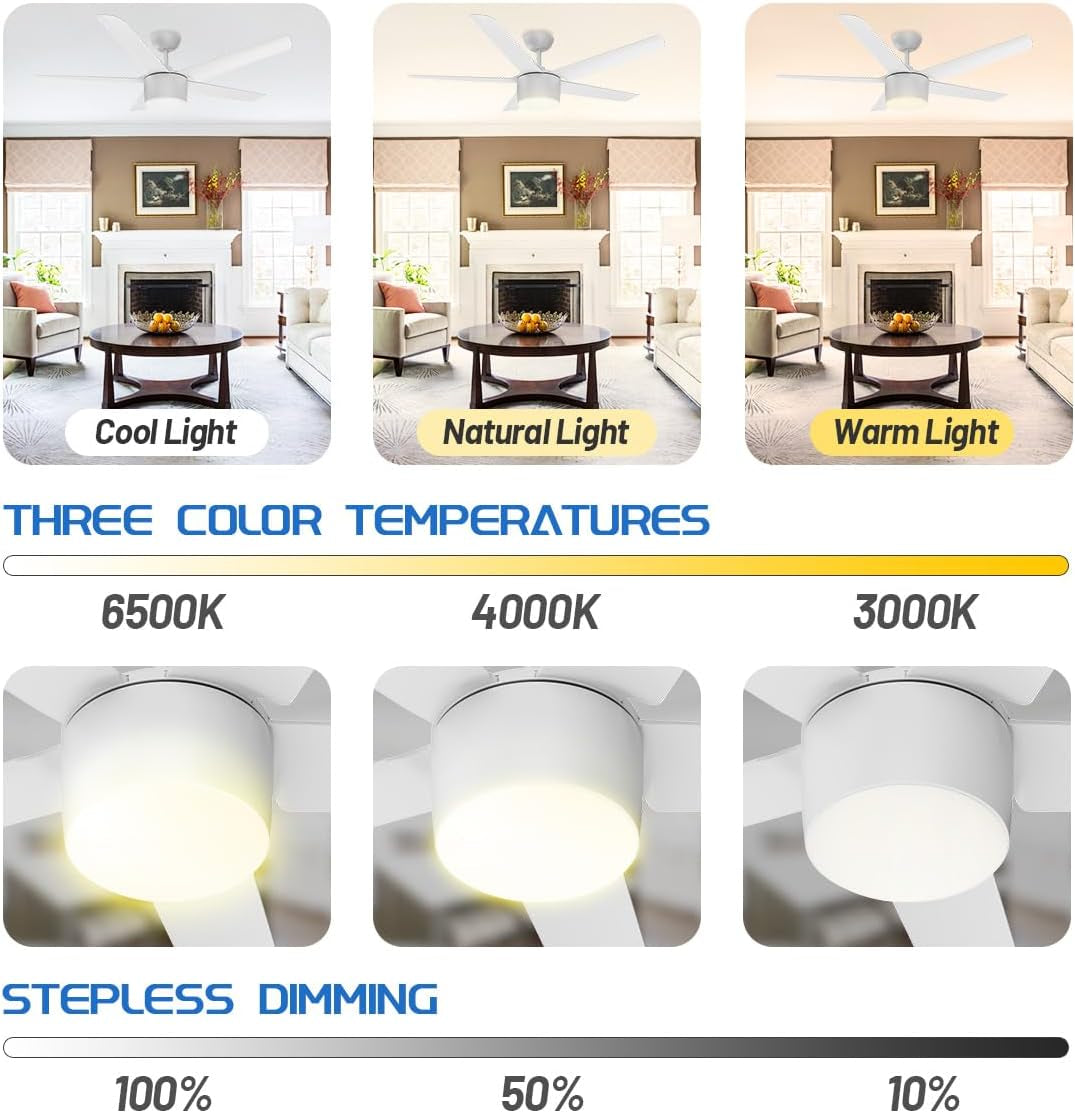 52-Inch Smart Ceiling Fan with Light, DC Reversible Motor Noiseless Timing 3CCT Dimmable, White Ceiling Fan Compatible with Alexa Smart Tuya App for Living Room Indoor & Outdoor Garage Shop ETL