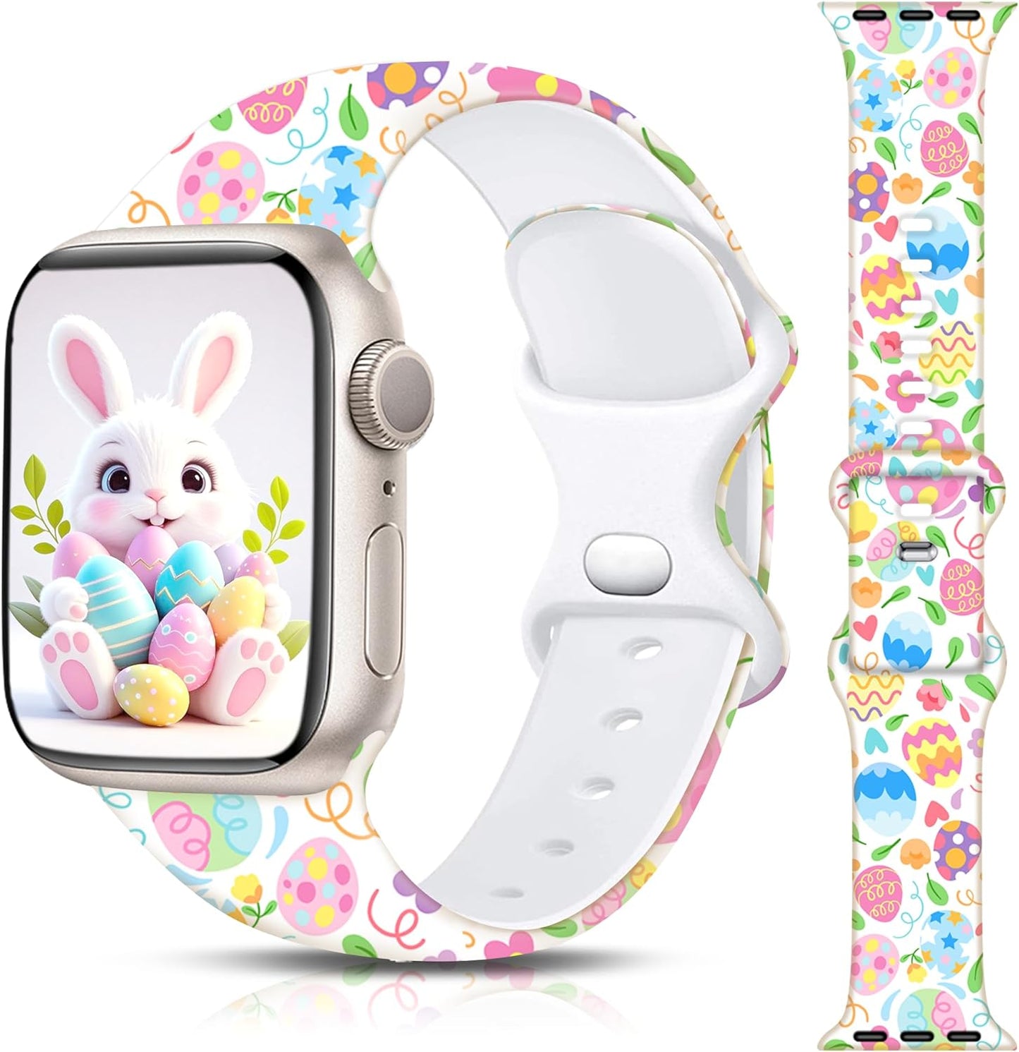 Easter Apple Watch Bands for Women Men 41Mm 42Mm 44Mm 45Mm 46Mm 49Mm 38Mm 40Mm,Soft Silicone Holiday Strap Easter Apple Watch Band for Apple Watch Series 10 9 SE 8 7 6 5 4 3 2 1 Ultra 2 1-Easter Rabbits & Eggs