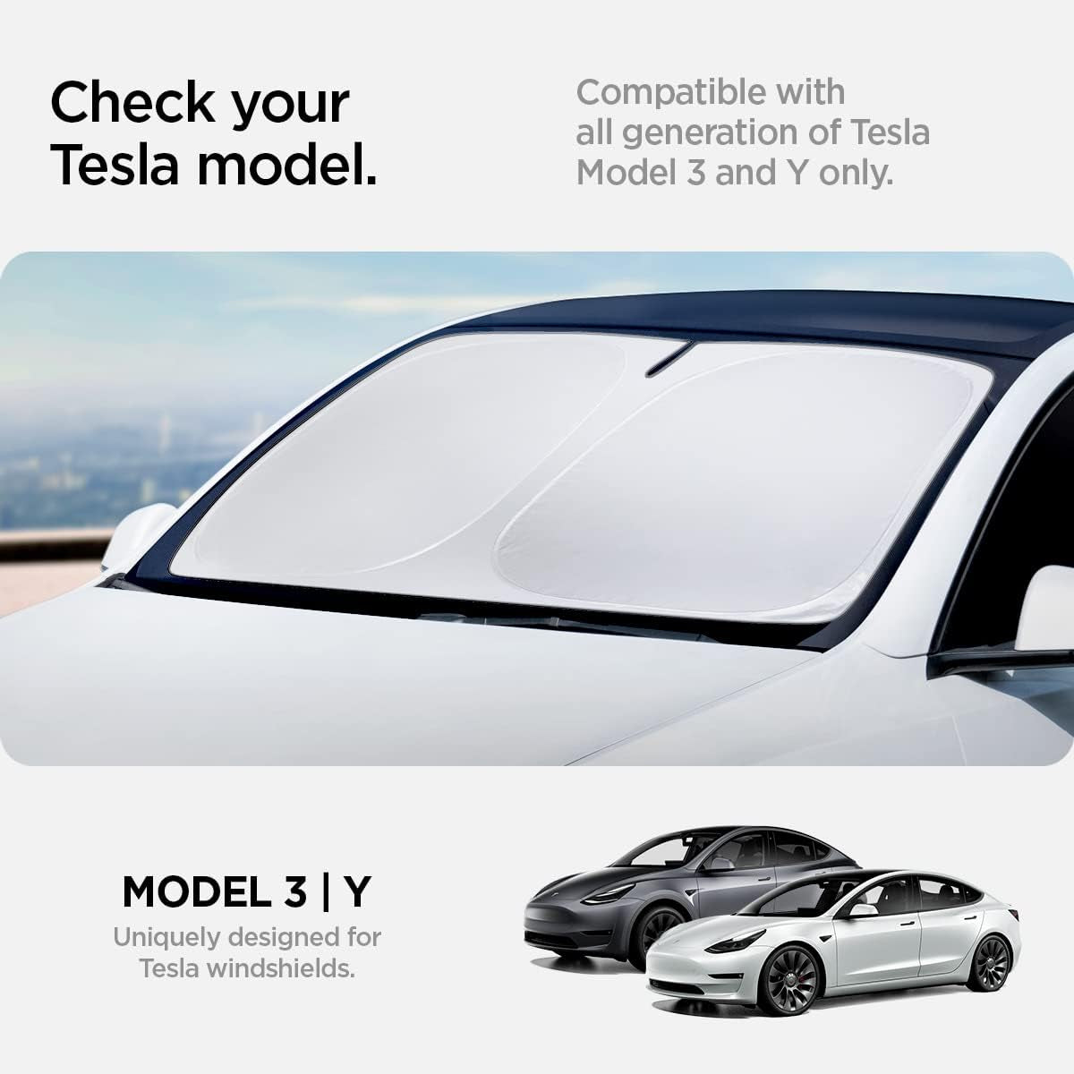Triple-Coated Cryoshade Front Windshield Sunshade (Reinforced Velcro Strap) Designed for All Tesla Model 3 and Y 2024/2023 / 2022