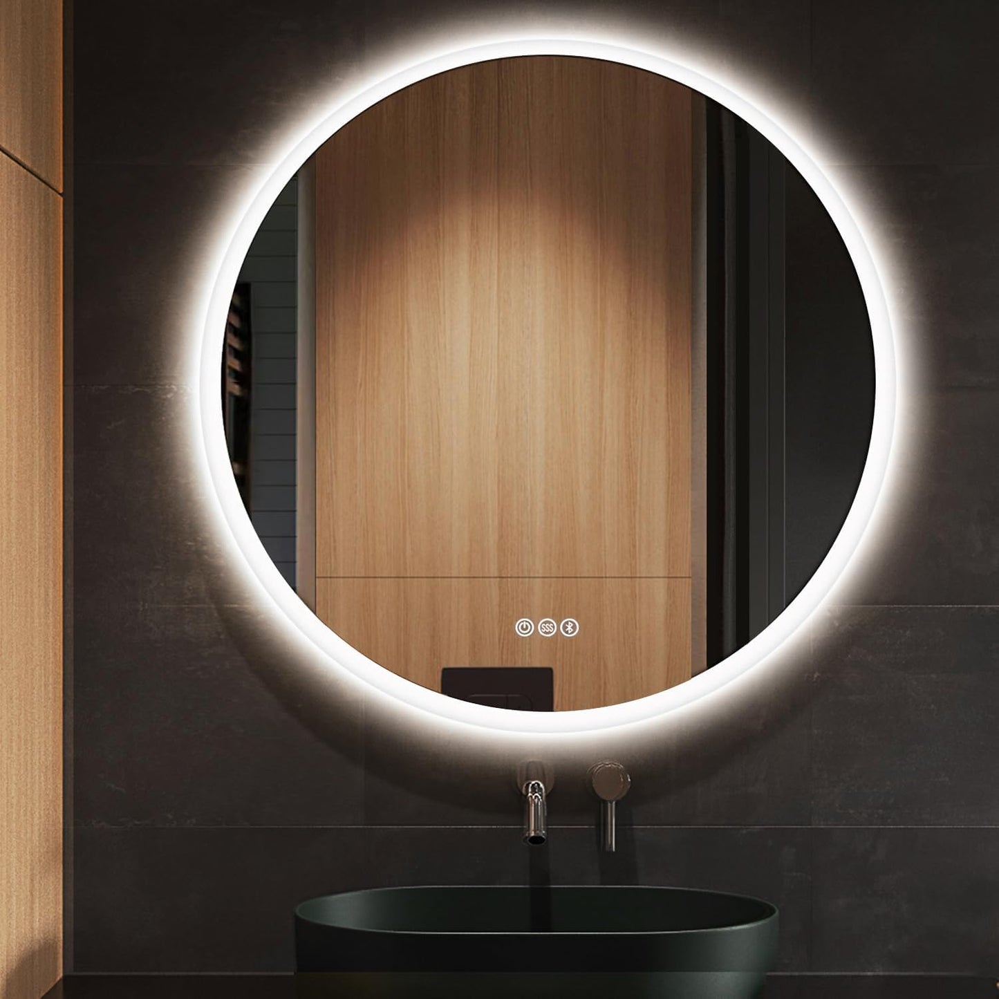S·BAGNO 24’’ round Led Bathroom Mirror with Lights, Backlit and Front Lighted, Anti-Fog Wall-Mounted Vanity Mirror 3000K/4000K/6500K, Dimmable inside Bluetooth Speaker Smart Mirror