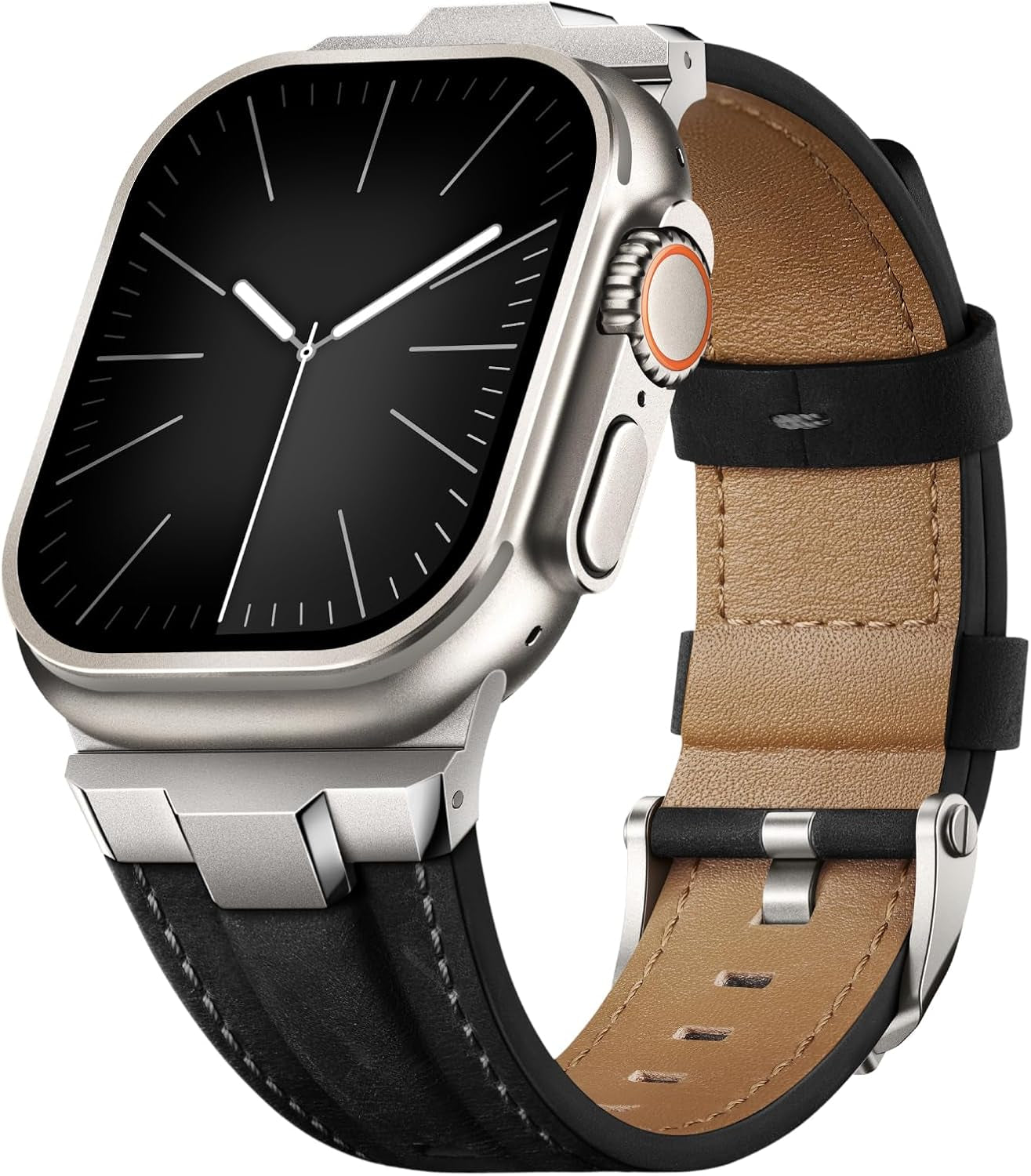 Leather Bands Compatible for Apple Watch Ultra Band 49Mm 46Mm 45Mm 44Mm 42Mm, Genuine Leather Rugged Durable Matel Connector Replacement Strap for Women Men Iwatch Ultra 10 9 8 7 6 5 4 3 SE
