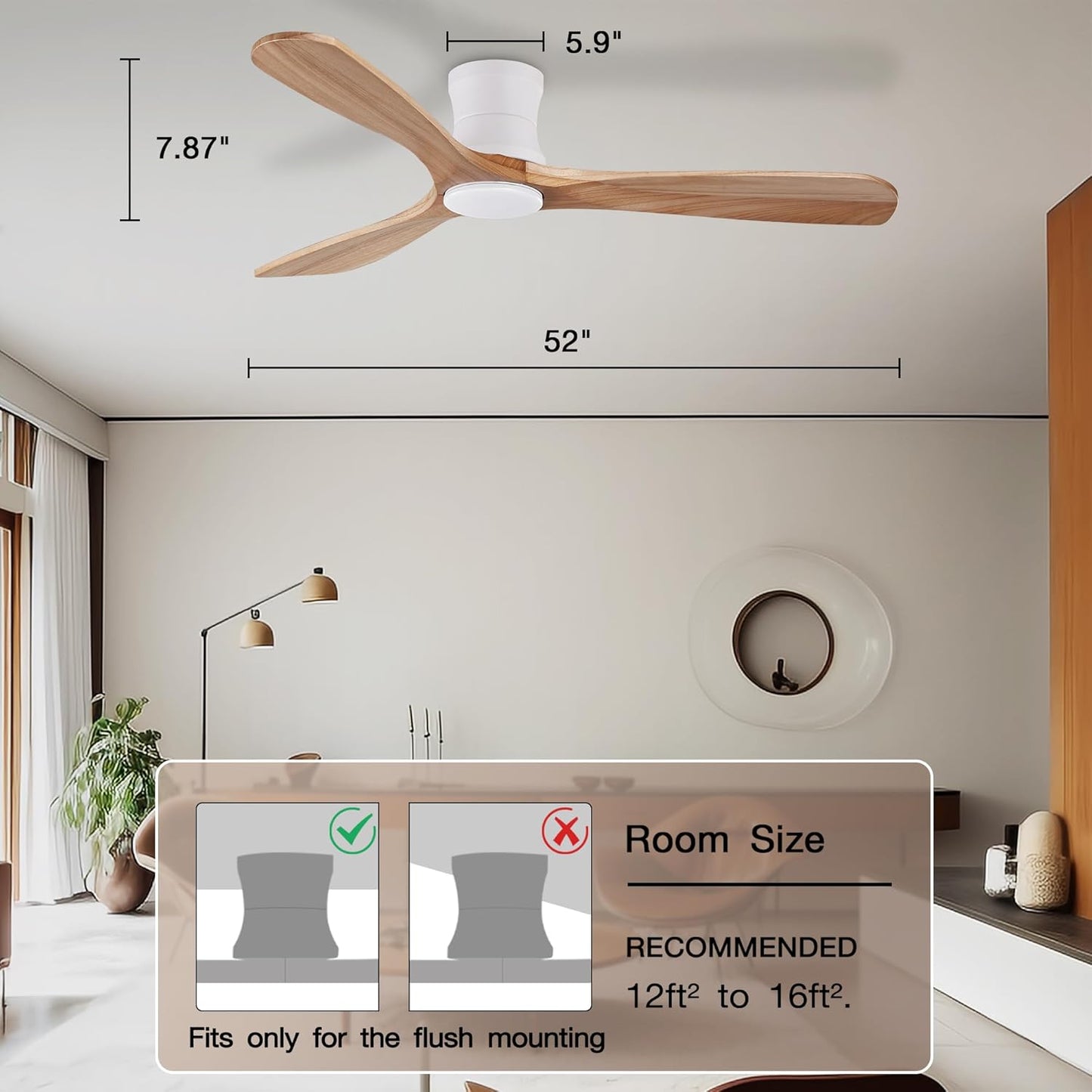 Smart 52” Wood Flush Mount Ceiling Fans with Lights and Remote,Quiet DC Motor,Outdoor Indoor Ultra Low Profile Ceiling Fan Works with Alexa WIFI App,Modern White Ceiling Fan for Bedroom Patio
