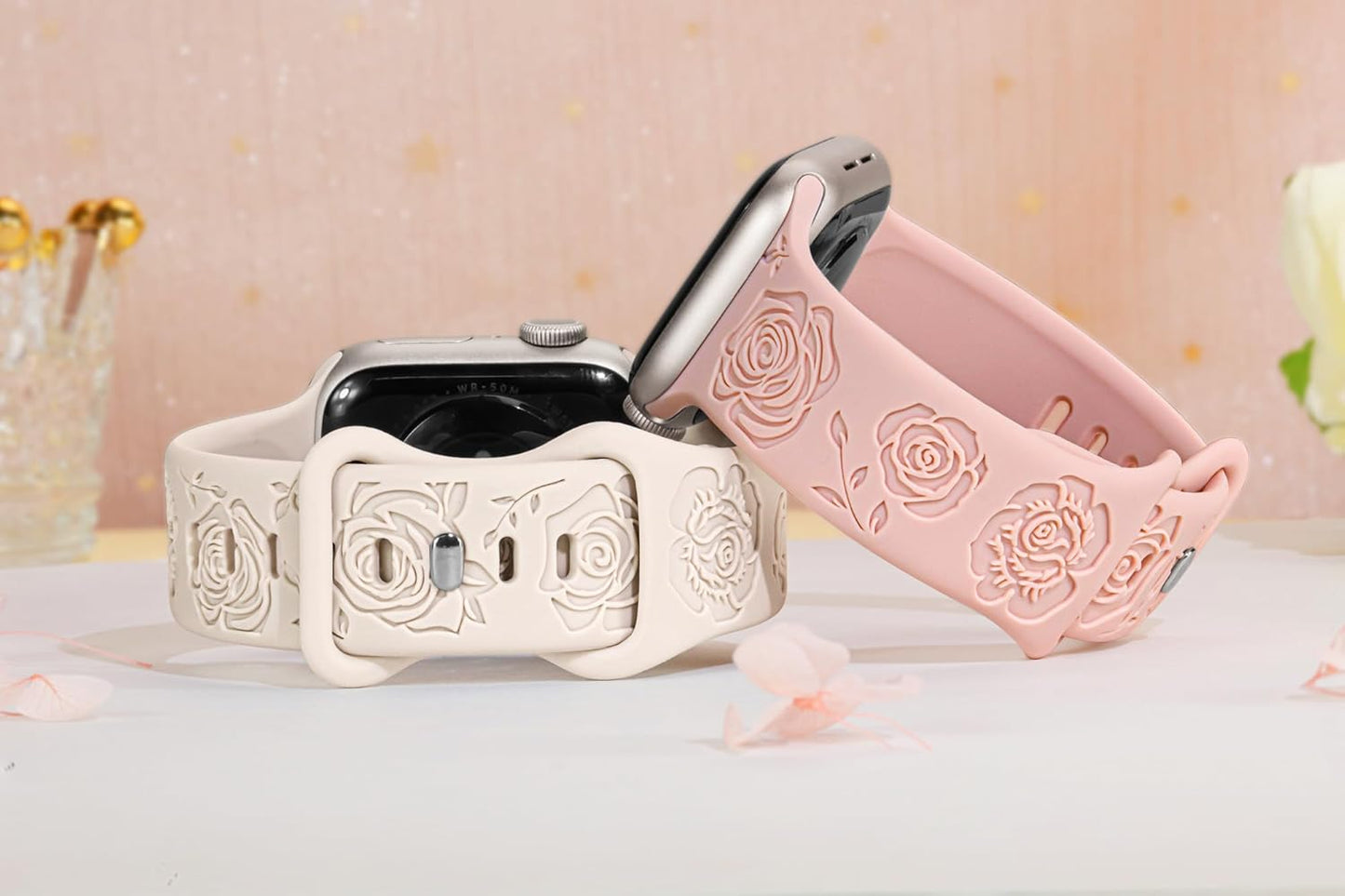 Designer Floral Engraved Bands Compatible with Apple Watch Bands for Women 40Mm 41Mm 38Mm, Cute Soft Silicone Rose Iwatch Bands for Apple Watch Series 9 Band SE 8 7 6 5 4 3 2 1-Starlight