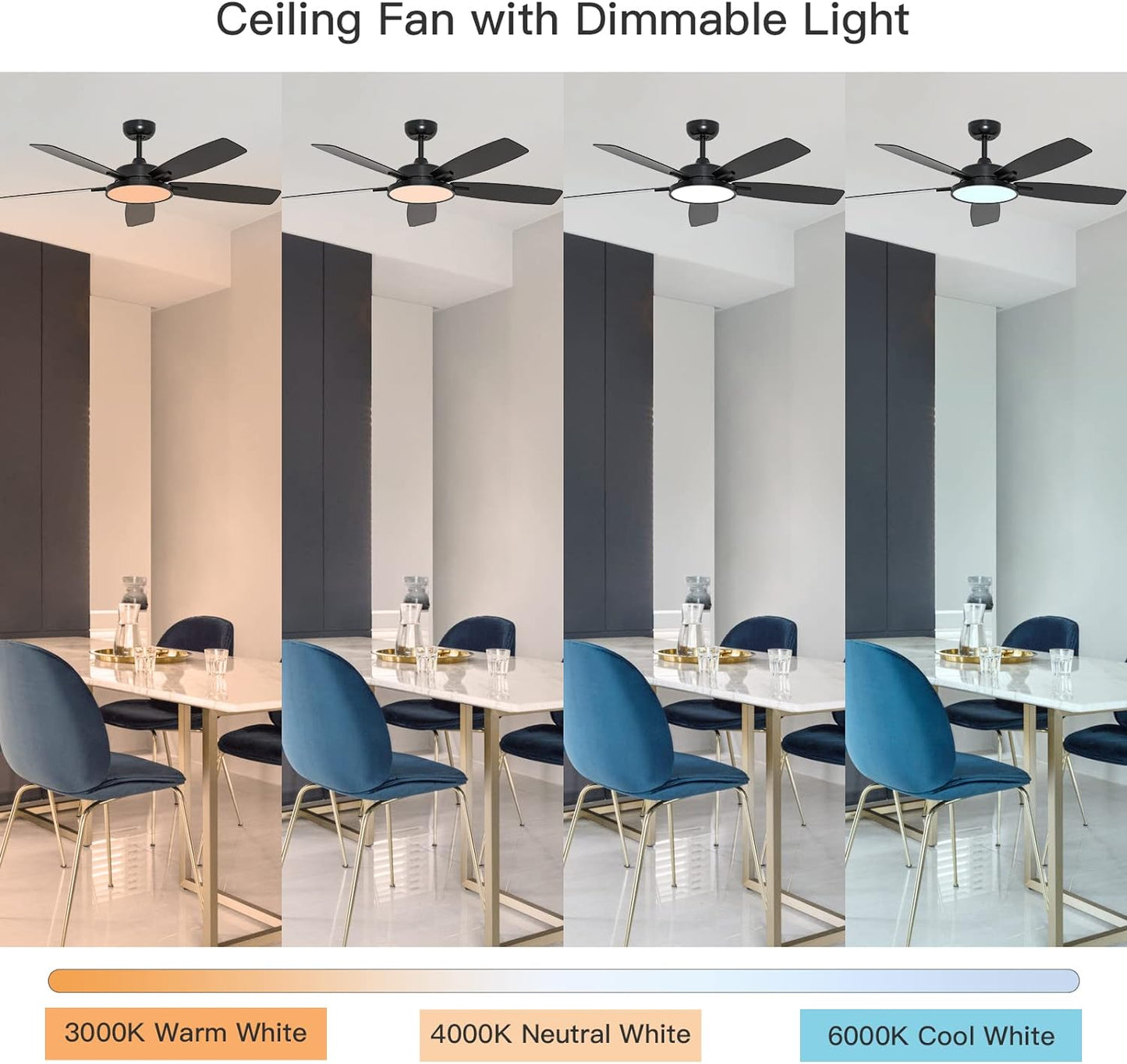 52 Inch Smart Ceiling Fan with Light,Ultra Silent Reversible DC Motor Fan Remote Control Compatible with Alexa Google Home(Black)