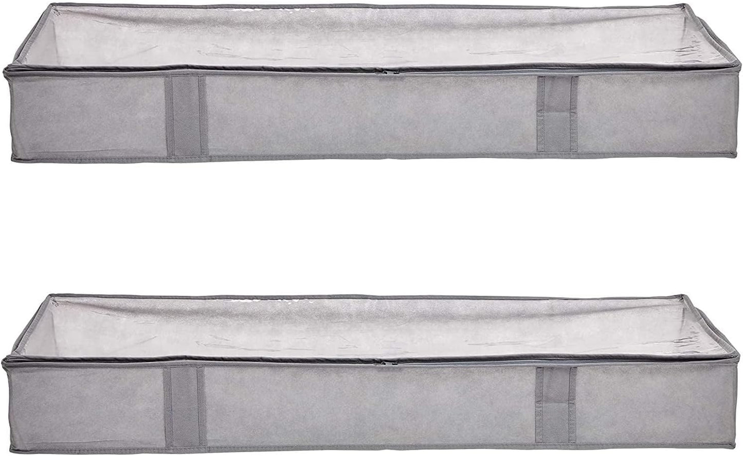under Bed Fabric Zipper Blanket Storage Container Bags with Window and Handles, 2-Pack, 18 X 42 X 6 Inches, Gray