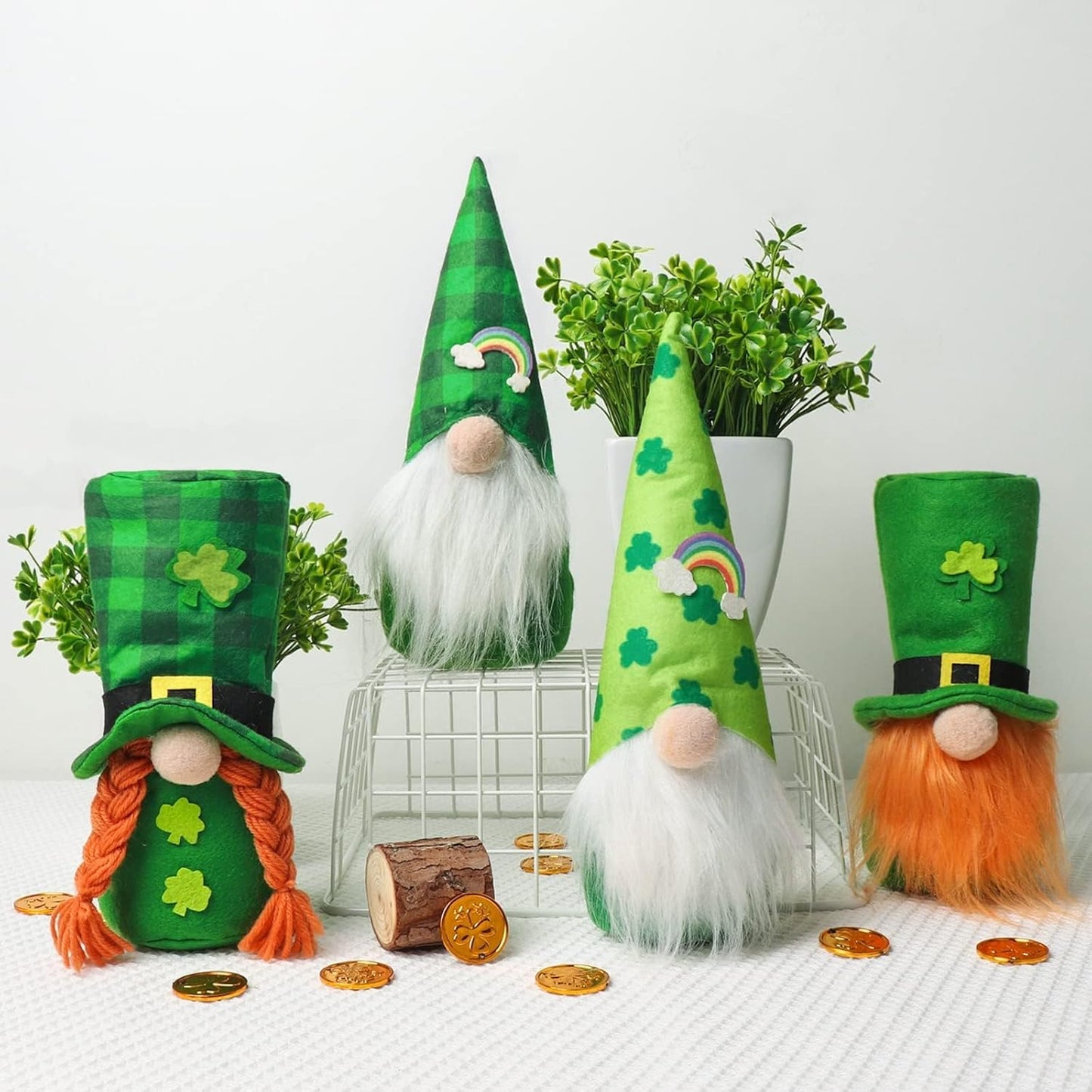 St Patricks Day Gnomes Gifts, 4 Pcs Handmade Plush Tomte Swedish Scandinavian Gnome with Lucky Shamrock Pot of Gold Coins Farmhouse St Patricks Day Decorations for the Home Table Décor