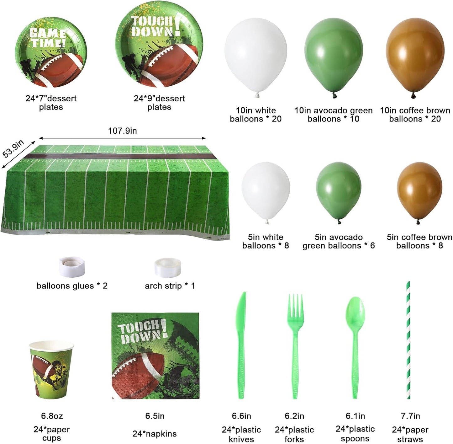 265PCS Football Party Supplies with Balloons Tablecloth, Football Paper Plates and Napkins Decorations for 24 Guests, Disposable Dinner Dessert Dinnerware Sets for Parties Supplies