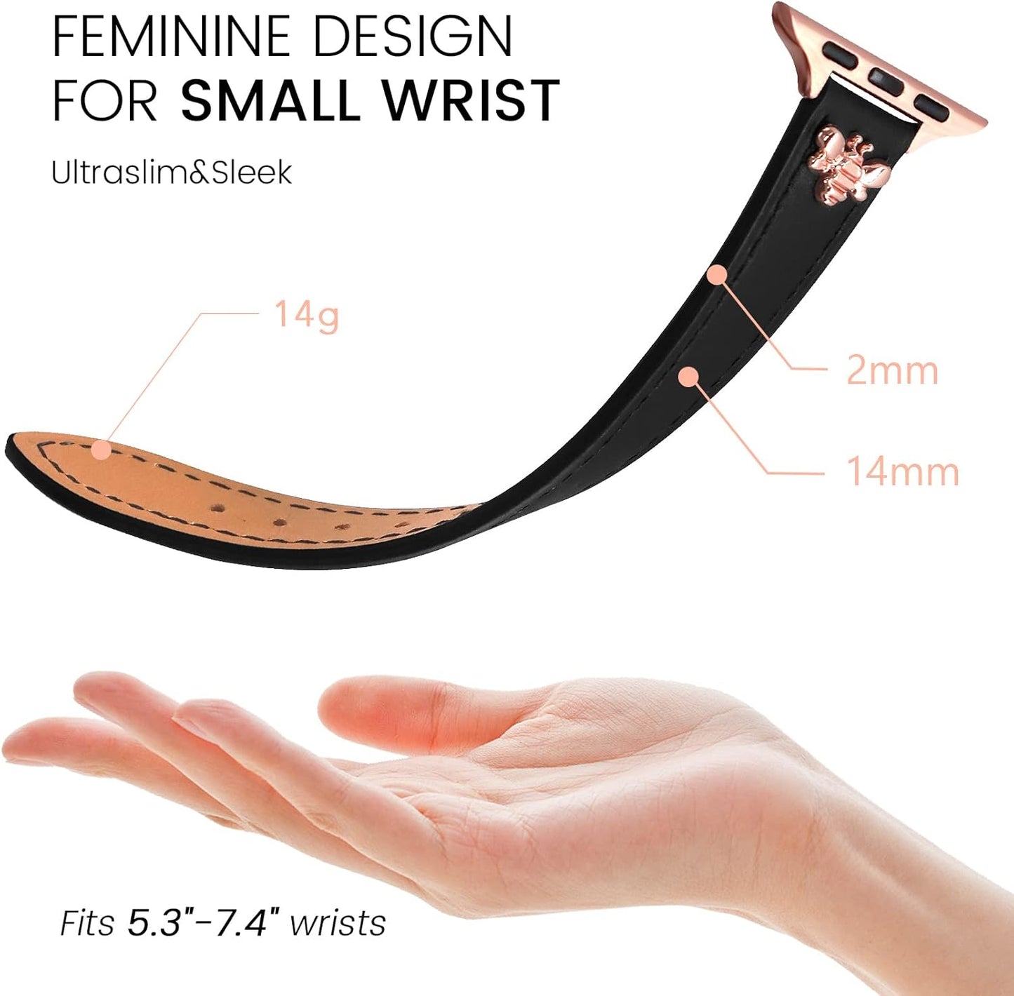 Elegant Slim Leather Bands Compatible with Apple Watch Band 38Mm 40Mm 41Mm 42Mm 44Mm 45Mm 49Mm, Designer Top Grain Black Leather Watch Band with Charms, Feminine Design for Ultra SE & Series 8 7