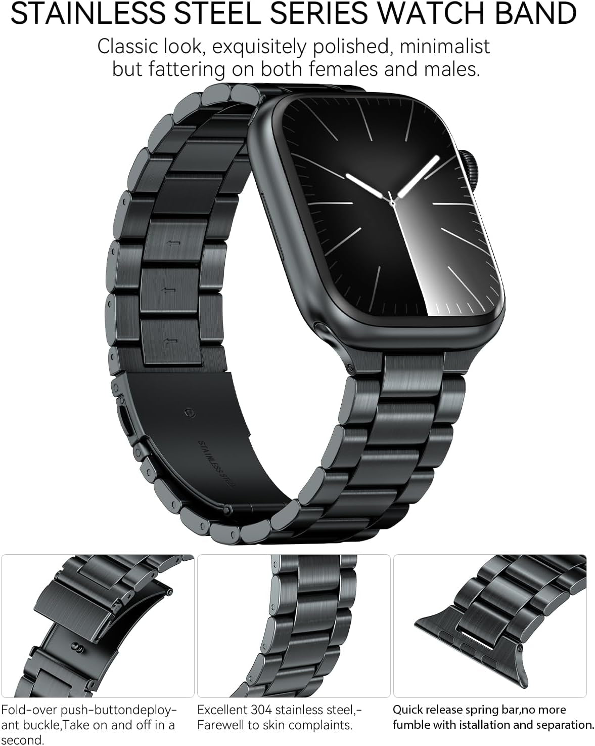 Compatible with Apple Watch Band 49Mm 45Mm 44Mm 42Mm for Men Women, Stainless Steel Metal Watch Bands for Iwatch SE2 SE Series 9 8 7 6 5 4 3 2 1 Midnight Black
