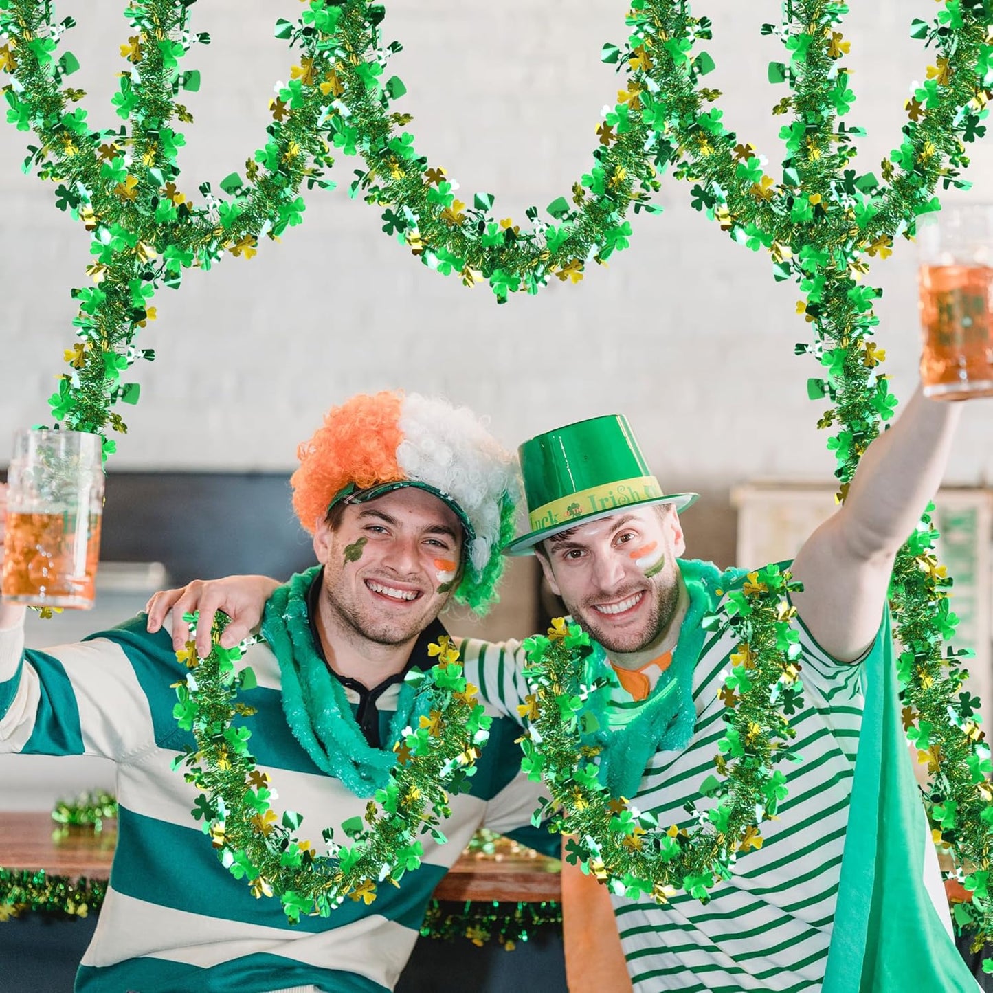 33 FT St Patricks Day Garland Decor Gold Green Shamrock Hat Tinsel Garland, Shiny Metallic Streamer Twist Garland Hanging St Patricks Day Decorations for Home Indoor Outdoor Irish Party Supplies
