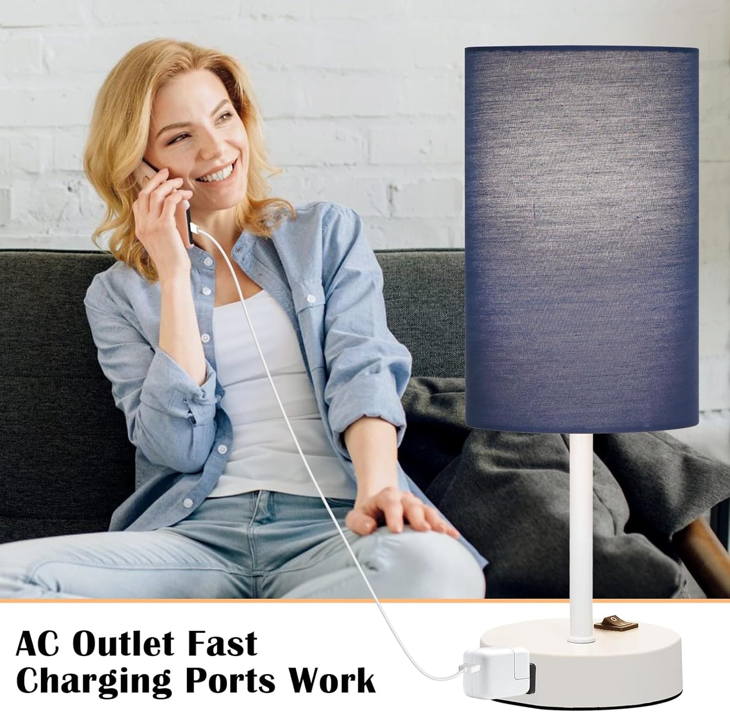 Table Lamp for Bedroom Set of 2, Bedside Small Lamps with 3 Way Dimmable Rocker Switch and AC Outlet, Nightstand Desk Lamp with Blue Fabric Shade White Base for Living Room Home Decor Lights