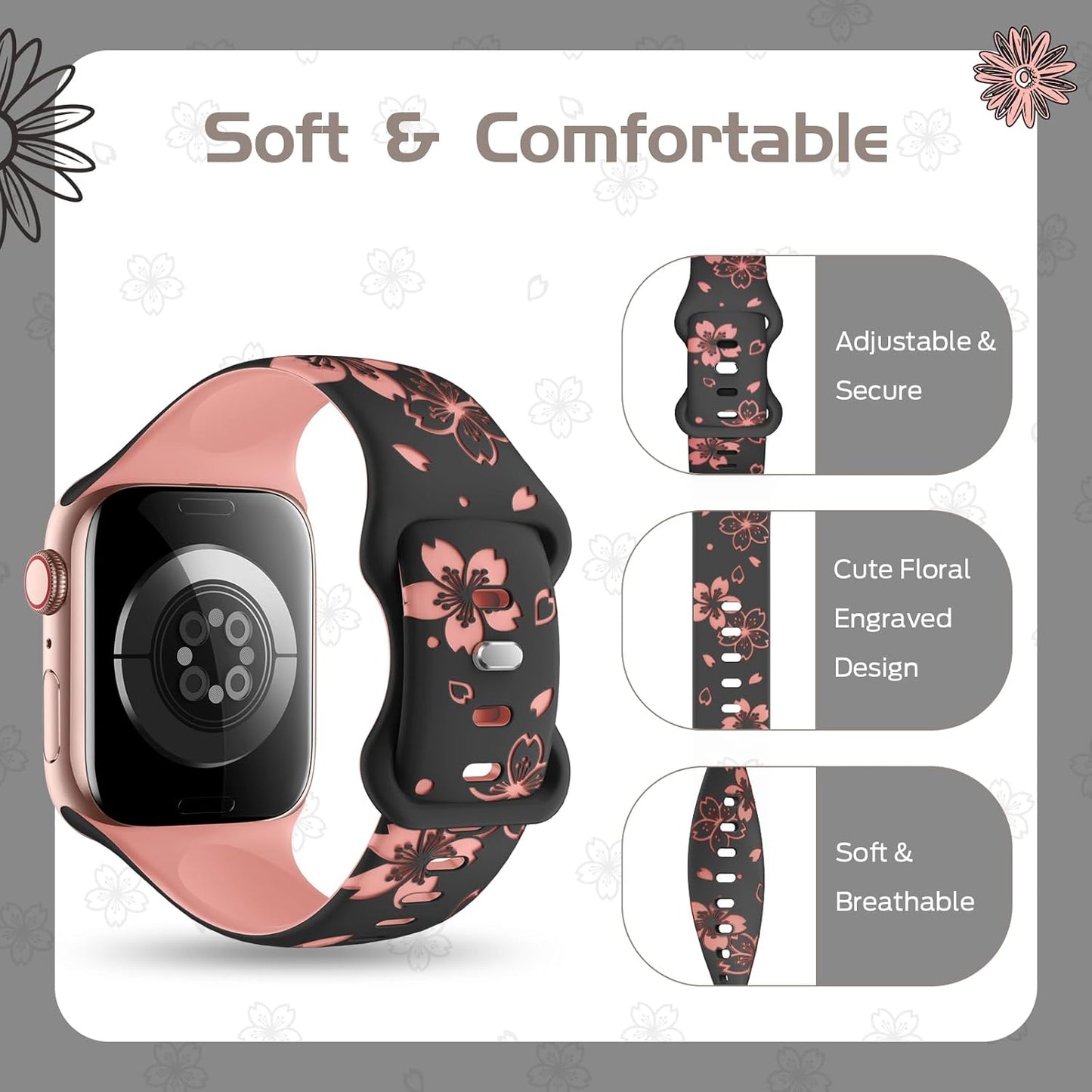 Designer Floral Engraved Band Compatible with Apple Watch Bands 40Mm 38Mm 41Mm 44/45/42Mm,Two-Tone Flower Soft Silicone Sport Strap for Iwatch Series 9 Ultra SE 8 7 6 5 4 3 2 Women Black