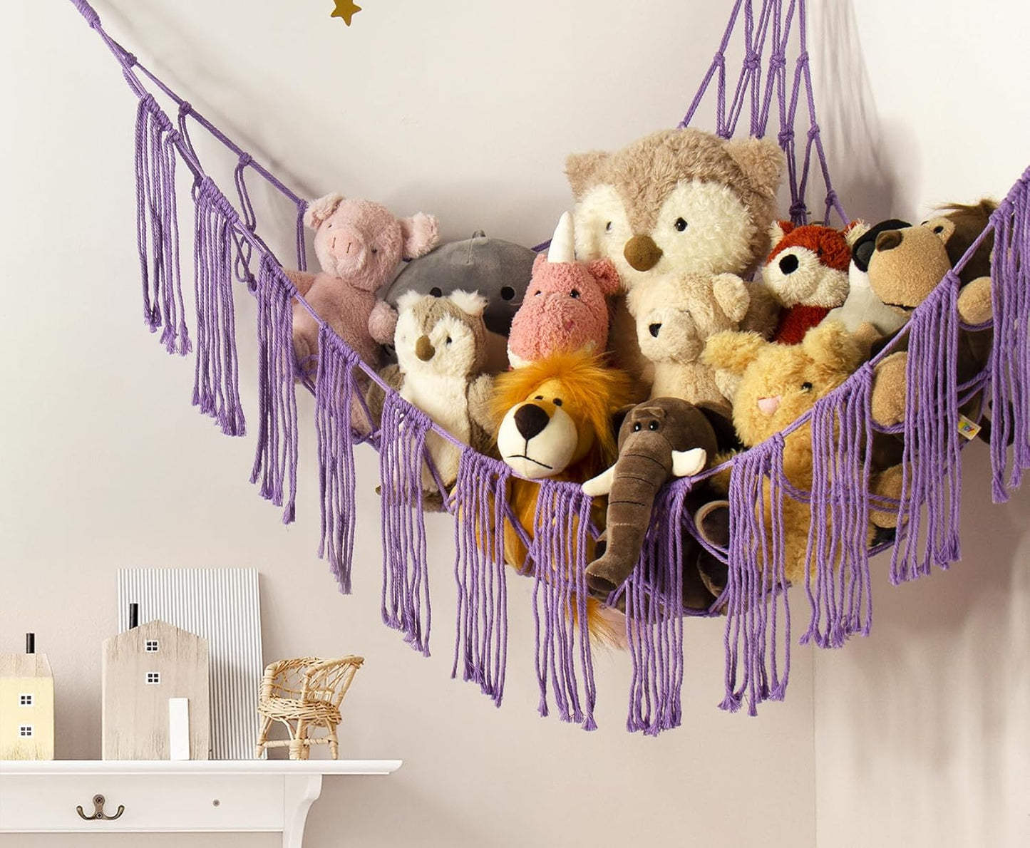 Stuffed Animal Hammock Corner with LED Light - Toy Storage Hammock Plushie Net Organizer - Teddy Bear Stuffy Hammock - Purple Nursery Decor Baby Kids Bedroom Nursery Furniture