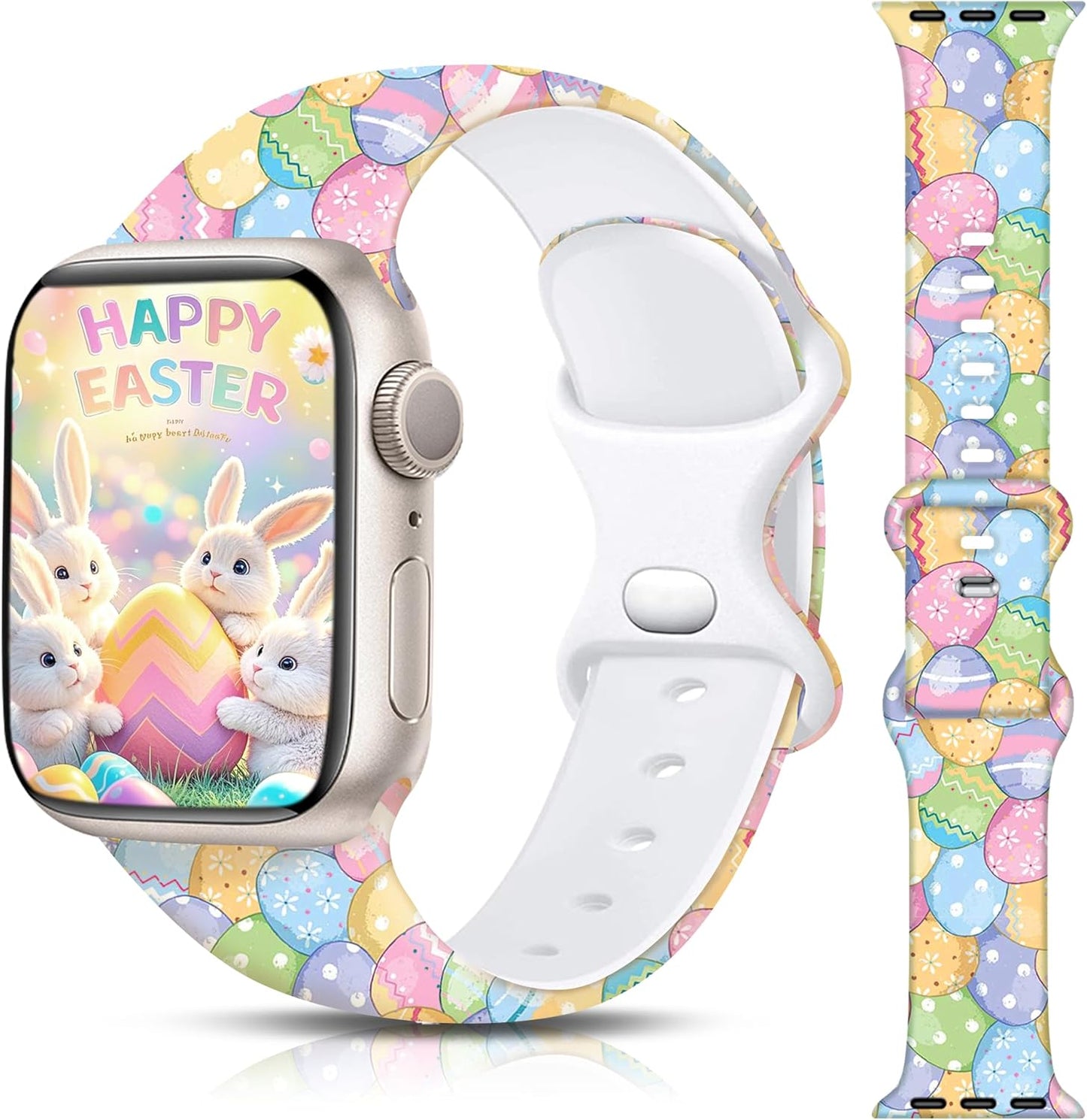 Easter Apple Watch Bands for Women Men 41Mm 42Mm 44Mm 45Mm 46Mm 49Mm 38Mm 40Mm,Soft Silicone Holiday Strap Easter Apple Watch Band for Apple Watch Series 10 9 SE 8 7 6 5 4 3 2 1 Ultra 2 1-Easter Rabbits & Eggs