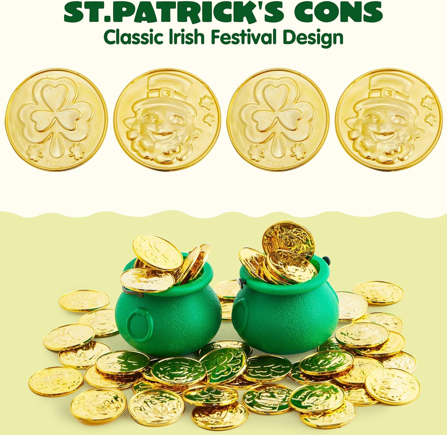 120 Pcs St. Patrick’S Day Gold Coins, Plastic Gold Coins Bulk with Shamrock, Leprechaun, Cauldron & Hat Patterns, St Patricks Accessories Games Gifts Decorations, Party Favors & Party Supplies