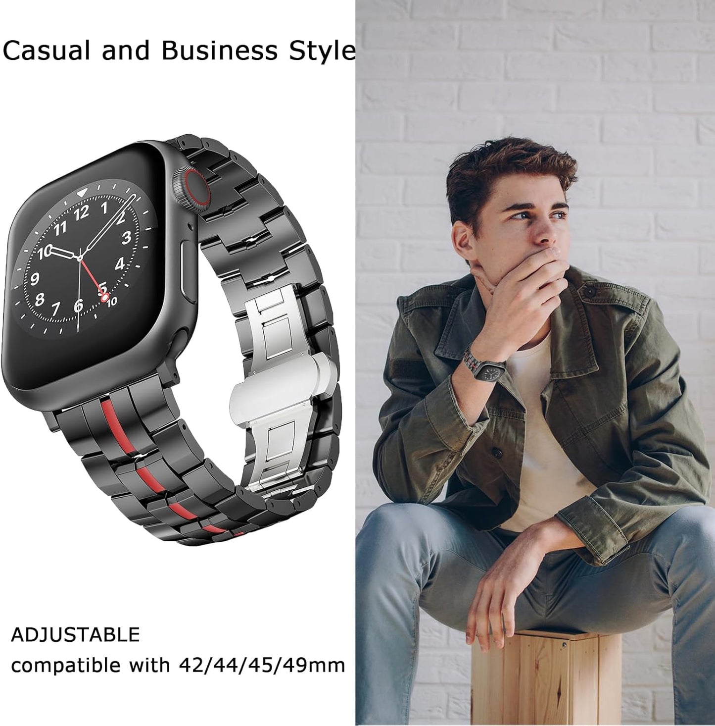 Compatible with Apple Watch 49Mm 45Mm 44Mm 42Mm 41Mm 40Mm 38Mm Stainless Steel Metal Band,Business Bracelet Rugged Strap for Apple Watch Series SE2 SE Ultra2 Ultra 10 9 8 7 6 5 4 3 2 1 Strap