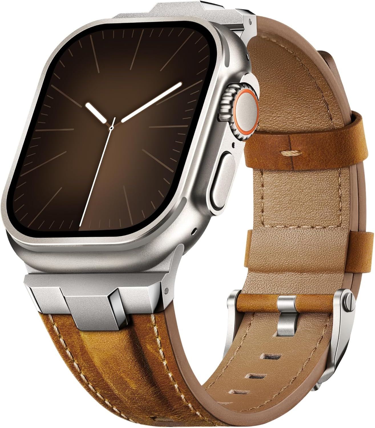 Leather Bands Compatible for Apple Watch Ultra Band 49Mm 46Mm 45Mm 44Mm 42Mm, Genuine Leather Rugged Durable Matel Connector Replacement Strap for Women Men Iwatch Ultra 10 9 8 7 6 5 4 3 SE