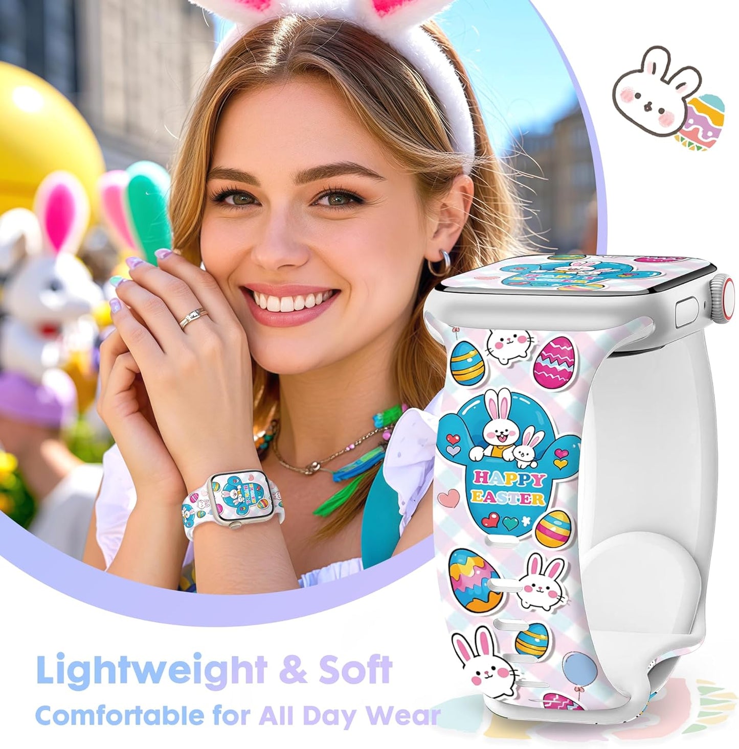 Easter Apple Watch Bands for Women Men 41Mm 42Mm 44Mm 45Mm 46Mm 49Mm 38Mm 40Mm,Soft Silicone Holiday Strap Easter Apple Watch Band for Apple Watch Series 10 9 SE 8 7 6 5 4 3 2 1 Ultra 2 1-Easter Rabbits & Eggs