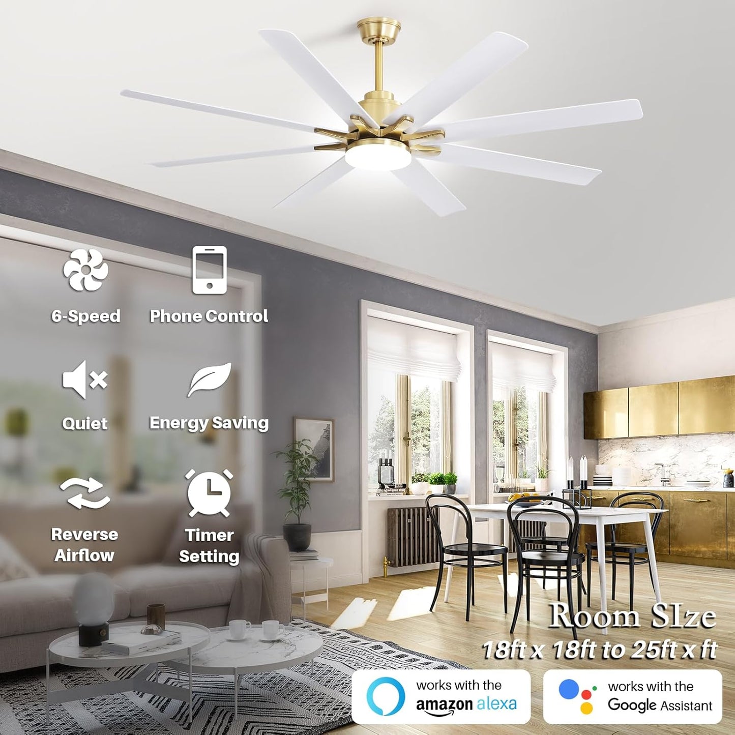 66 Inch Ceiling Fans with Lights and Remote, Indoor Outdoor Mordern Smart Ceiling Fan with Reversible Quiet DC Motor, 6 Speed, 8 Blades for Bedroom Living Room Patios Balcony (White+Gold)