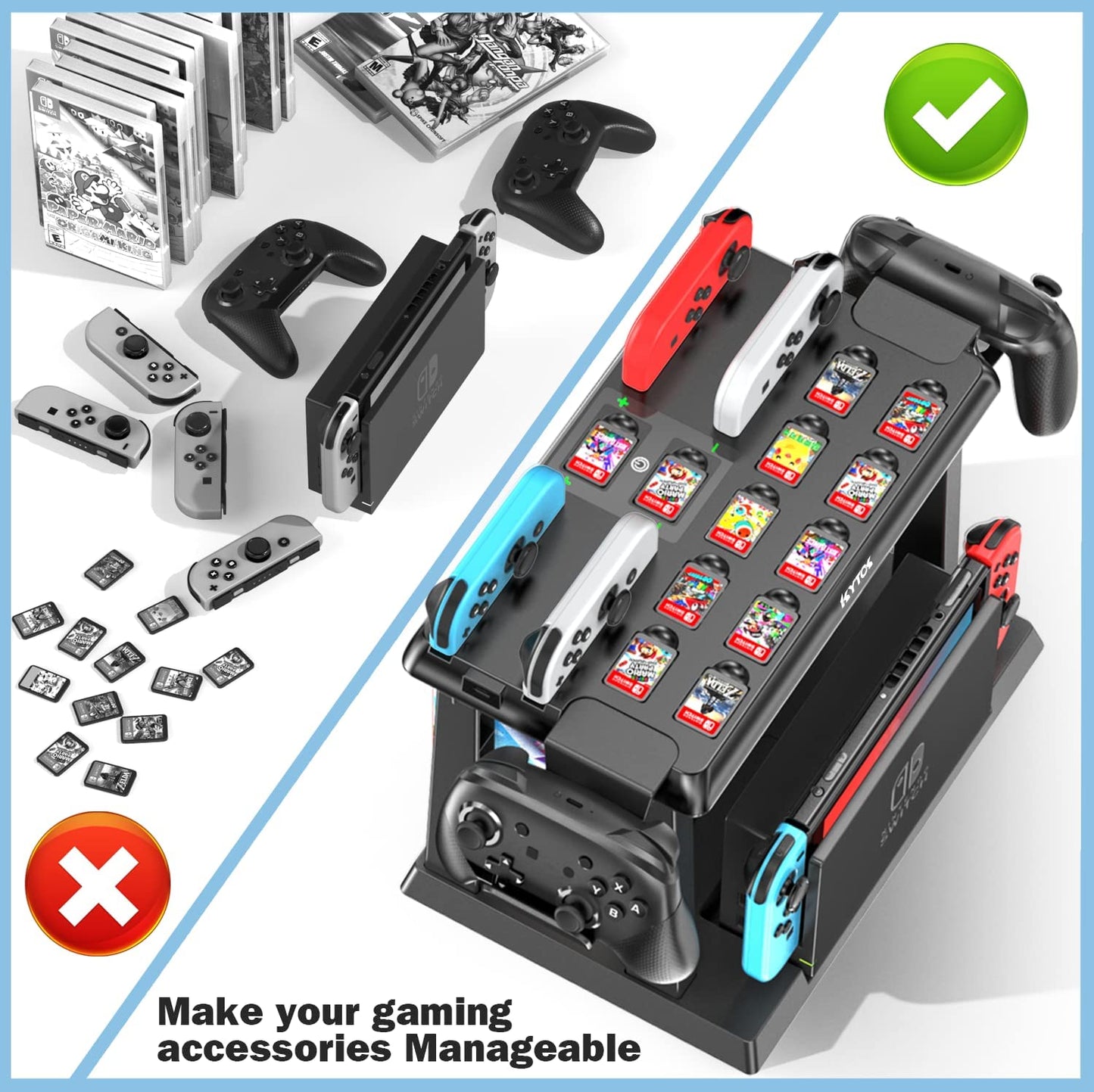 Switch Games Organizer Station with Controller Charger, Charging Dock for Nintendo Switch & OLED Joycons, Switch Mounts, Brackets & Stands for Games, TV Dock, Pro Controller, Accessories Kit Storage