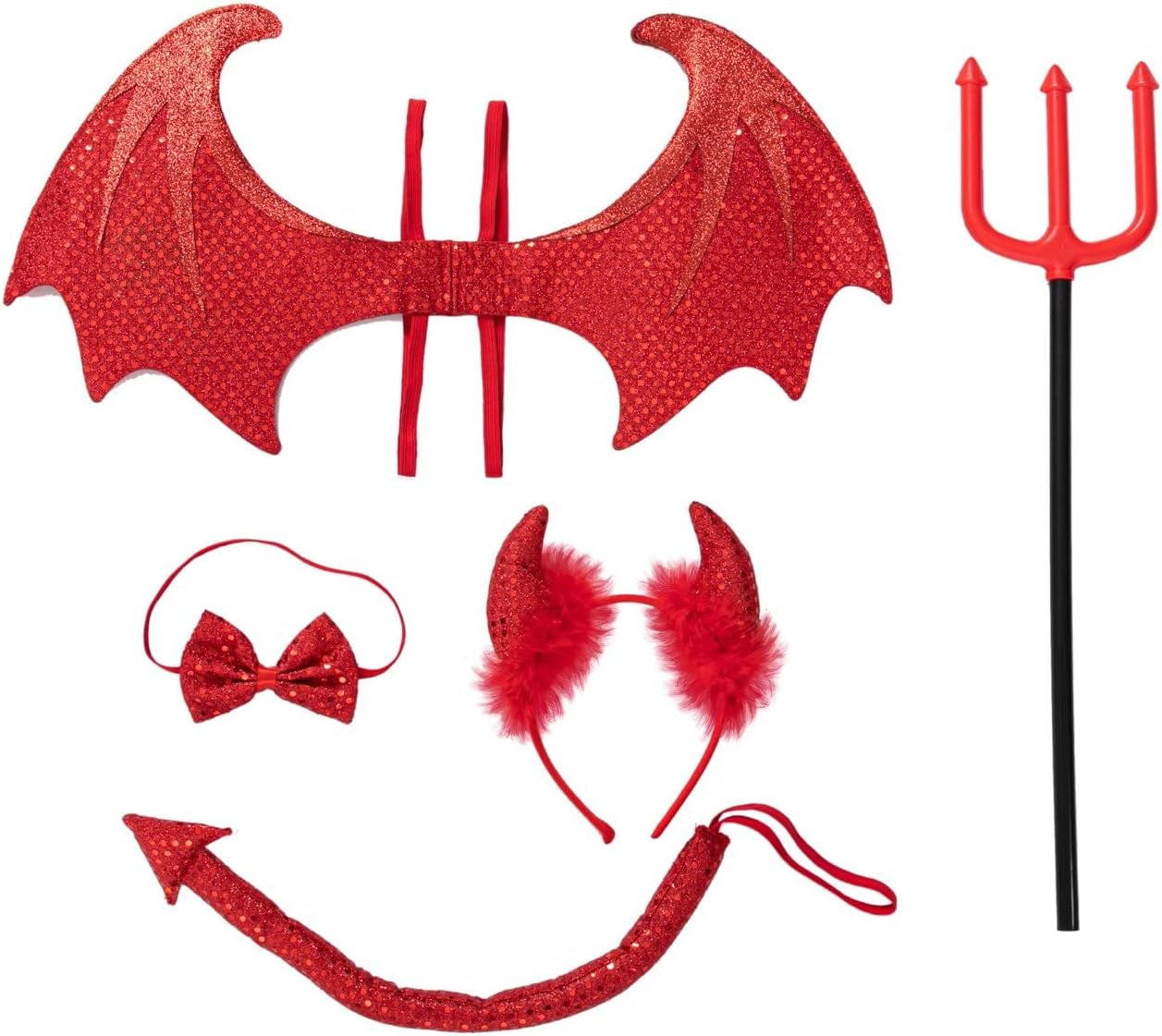5 Pieces Halloween Devil Costume Set with Red Devil Wings, Devil Pitchfork, Bow Tie, Sequin Devil Horn Headband, and Devil Tail Demon Costume Accessories for Cosplay Party