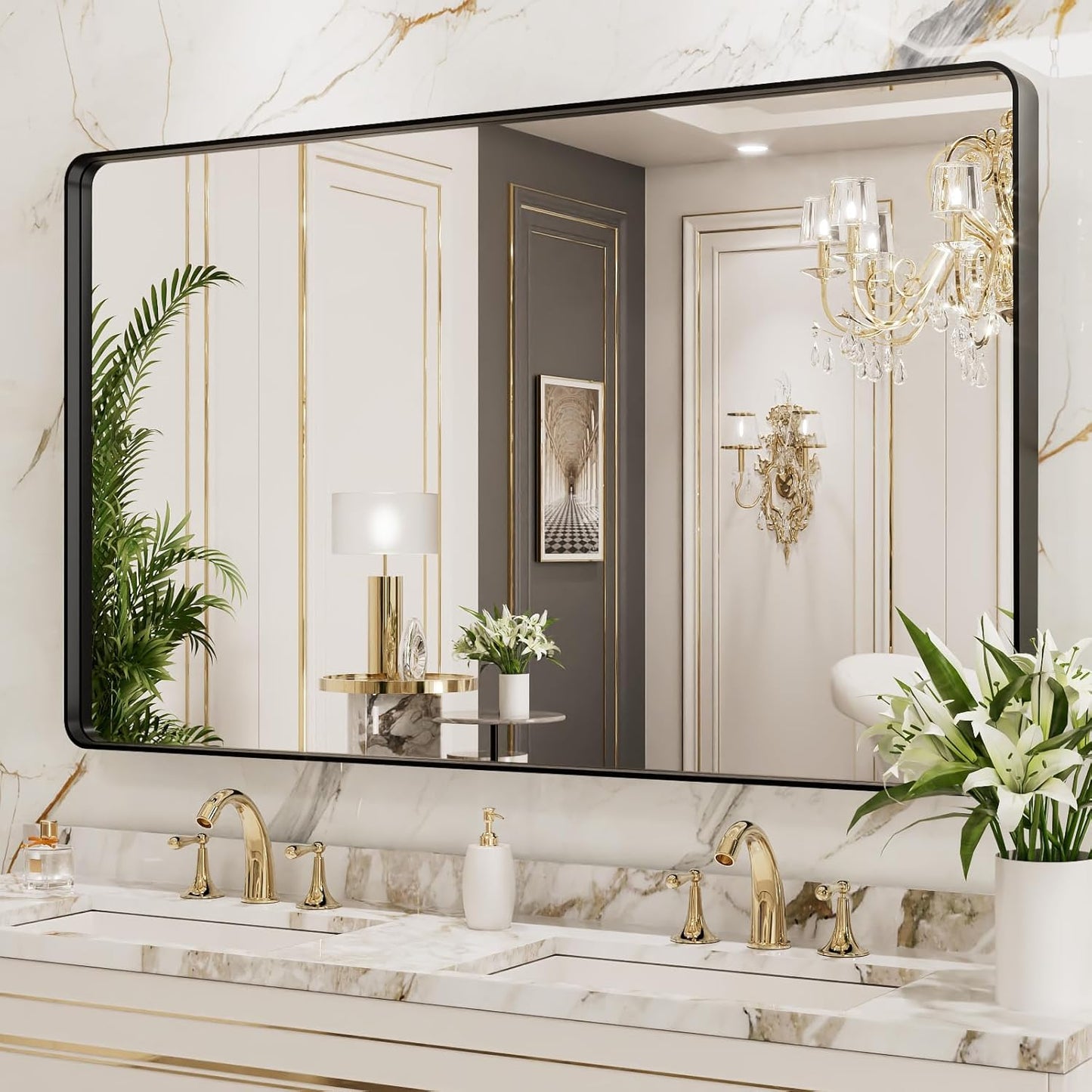 50X30 Inch Black Metal Framed Bathroom Mirror for Wall, Matte Black Bathroom Vanity Mirror Farmhouse, Large Rounded Rectangle Mirror, Anti-Rust, Tempered Glass, Hangs Horizontally or Vertically