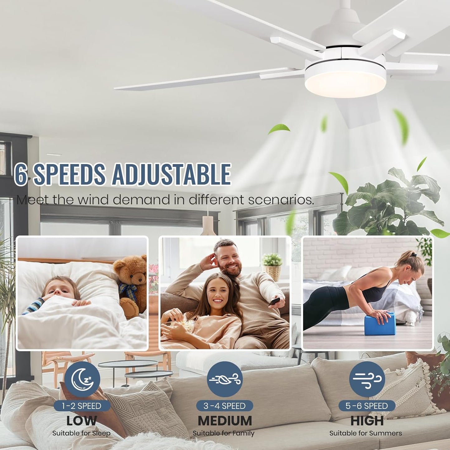 52 Inch Ceiling Fan, Smart Ceiling Fan with Remote/App, White Ceiling Fan with 6-Speeds Reversible Motor, Alexa Ceiling Fan with 5 Two-Sided Blades Dimmable Noiseless for Indoor Bedroom/Outdoor