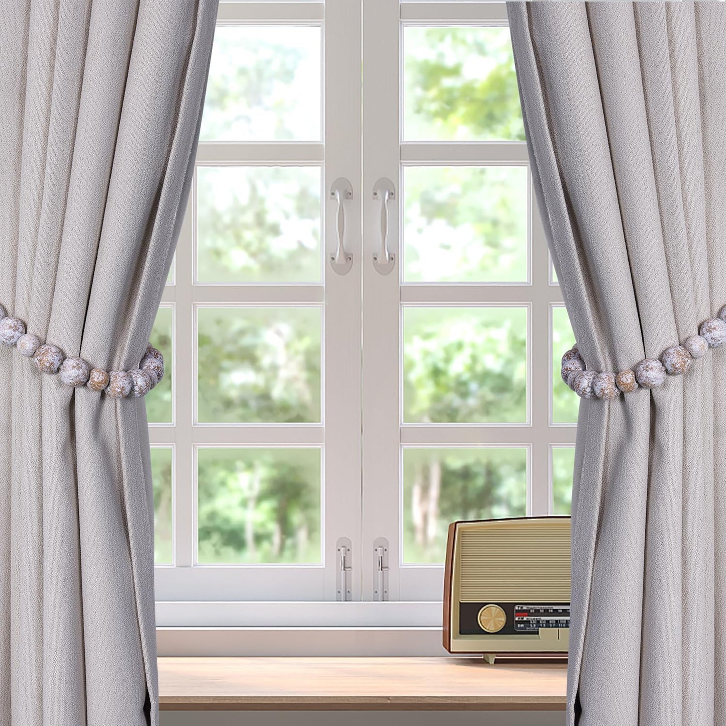 Wood Bead Curtain Tiebacks, Set of 6 Curtain Holdbacks for Thin or Thick Window Draperies, Boho Farmhouse Curtain Tiebacks with Hooks, Curtain Tie Backs for Home Office Room Décor