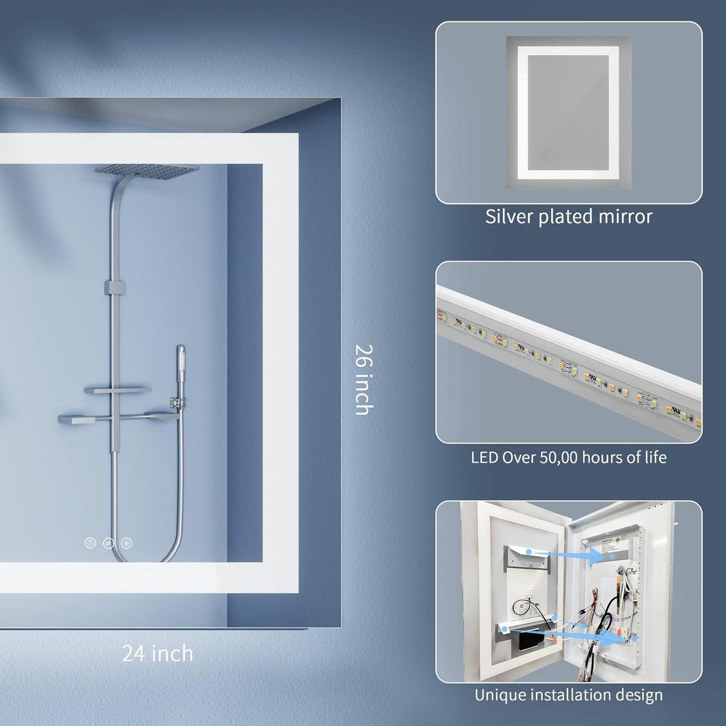 24 X 36 Inch LED Bathroom Mirror, Wall Mounted Vanity Mirror with Lights Anti-Fog, Dimmable Smart Mirror Bathroom Backlit Makeup Mirror with Touch Switch IP44 Waterproof