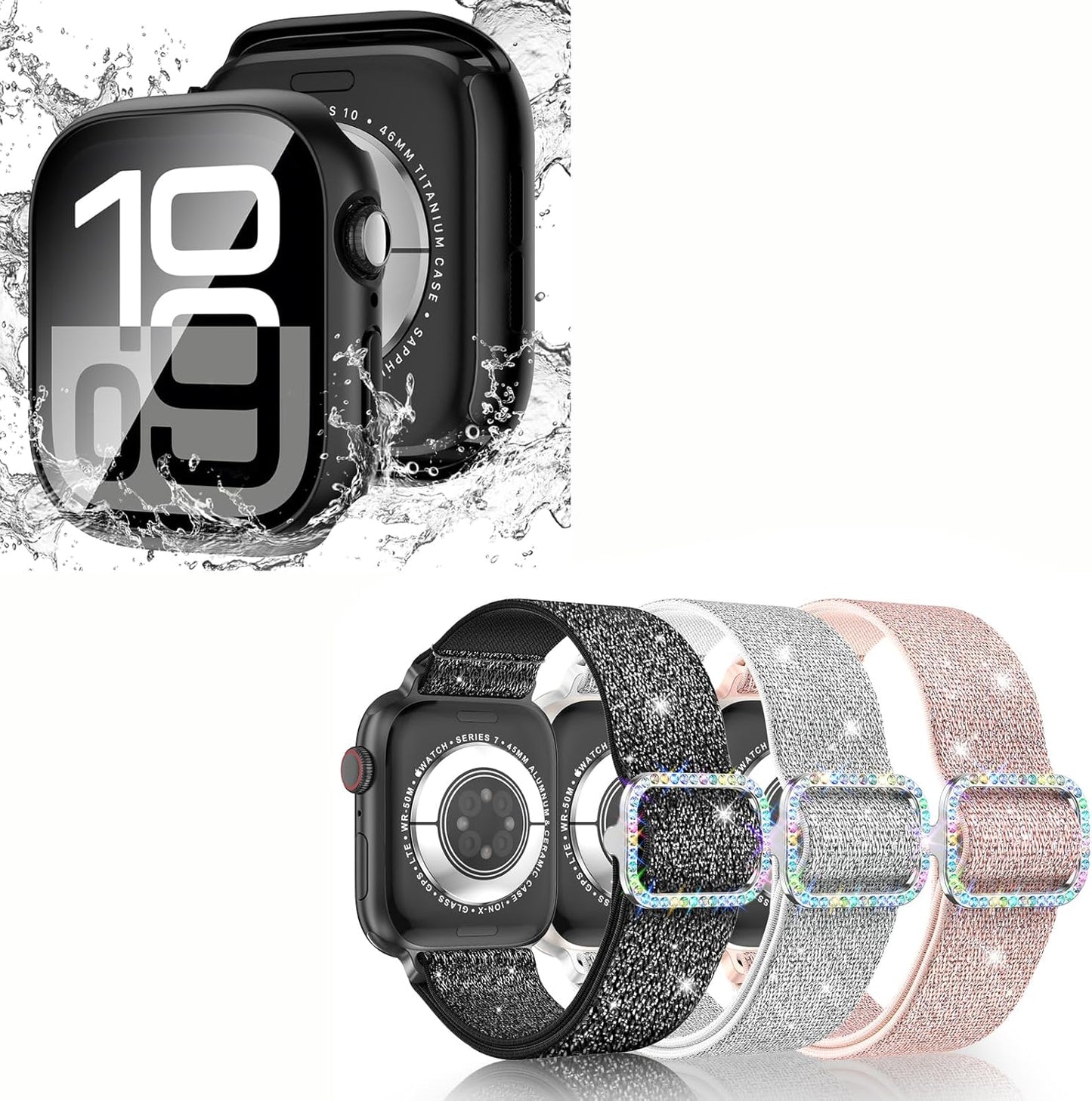 Waterproof Case and Glitter Stretchy Bands Compatible with Apple Watch Series 10 42Mm