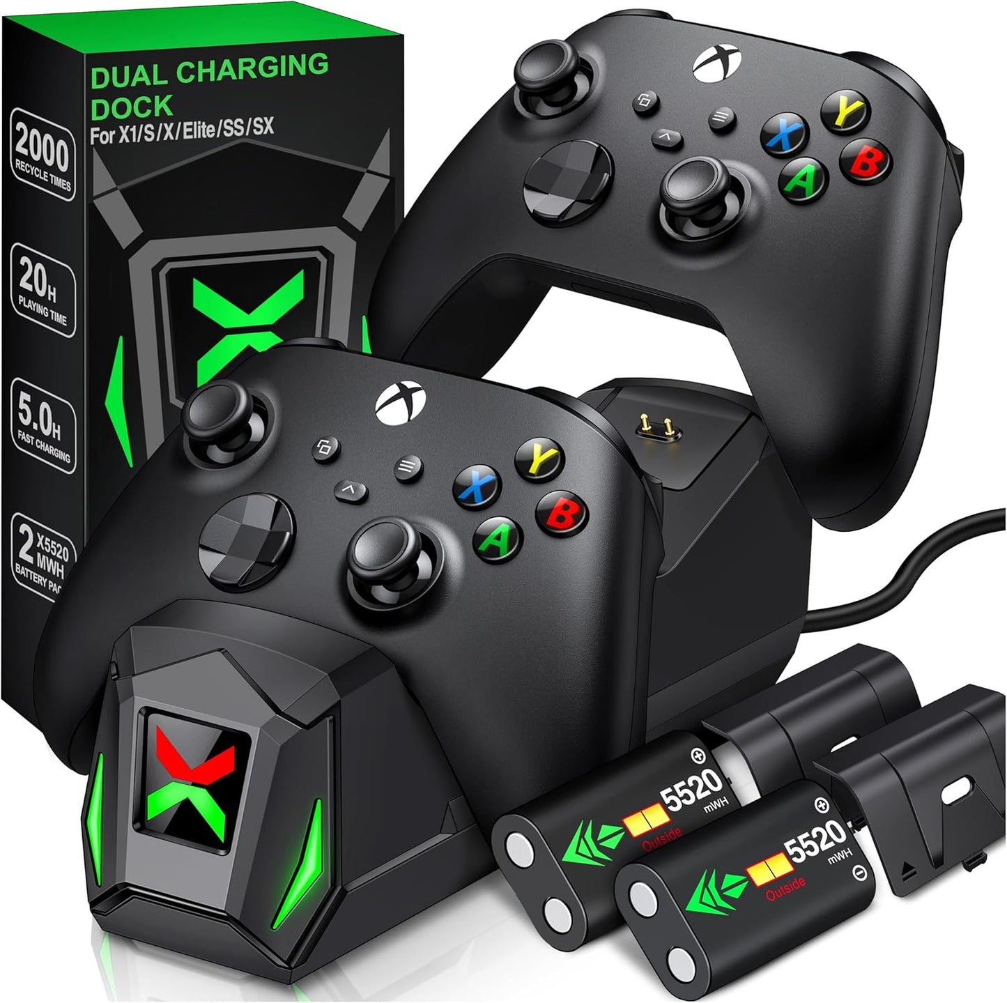 Upgraded Controller Charger Station with 2X5520Mwh Rechargeable Battery Packs for Xbox One/Series X|S Controller, Dual Charging Dock for Xbox One Controller Battery Pack (Controller Not Included)