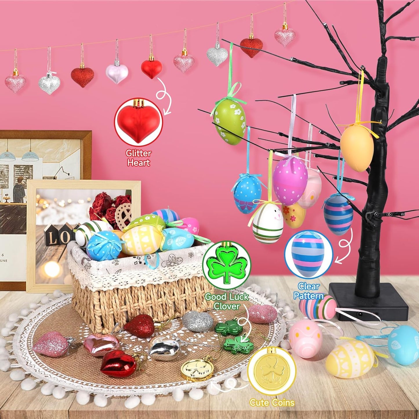 Valentines Day Decor Tree Decorations Set, 108 PCS Hanging Ornaments for Valentine'S Day St Patricks Easter, Romantic Decor Glitter Heart Shamrock Easter Egg for the Home Wedding Dinner Gifts Table